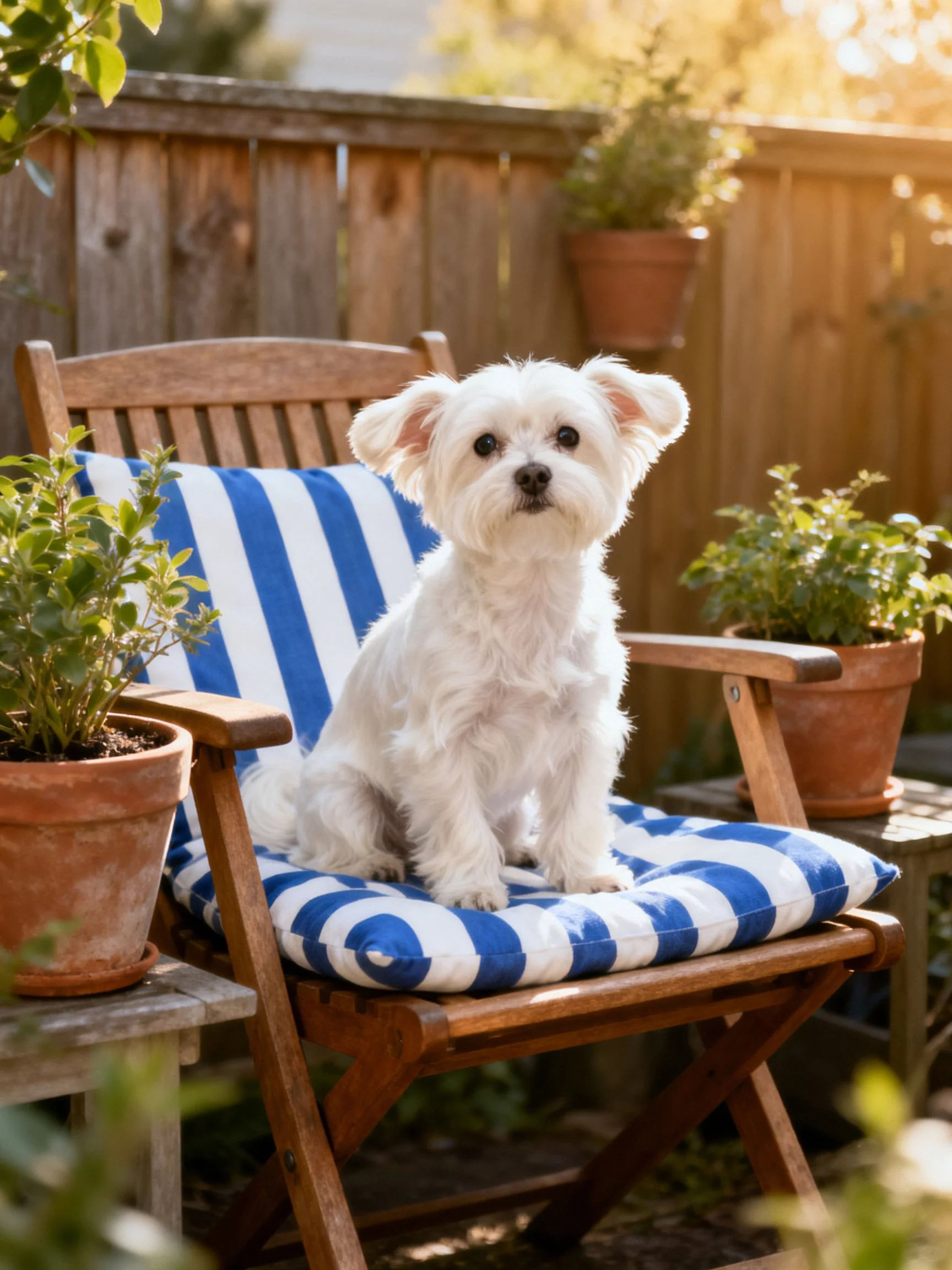 A small white dog sits on a striped chair with potted plants in a sunlit backyard