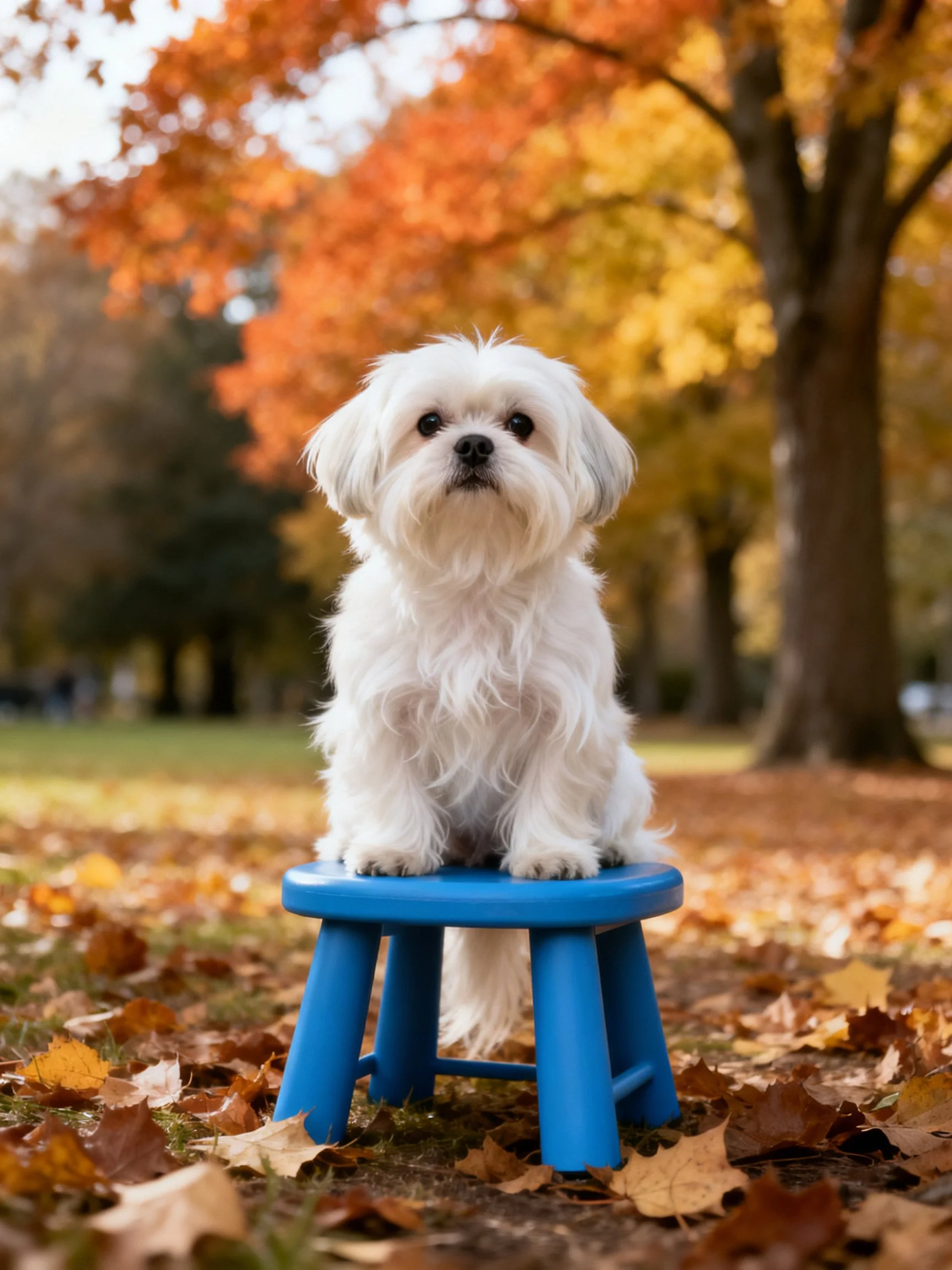 A small white dog sits on a blue stool amidst fallen autumn leaves and colorful trees.