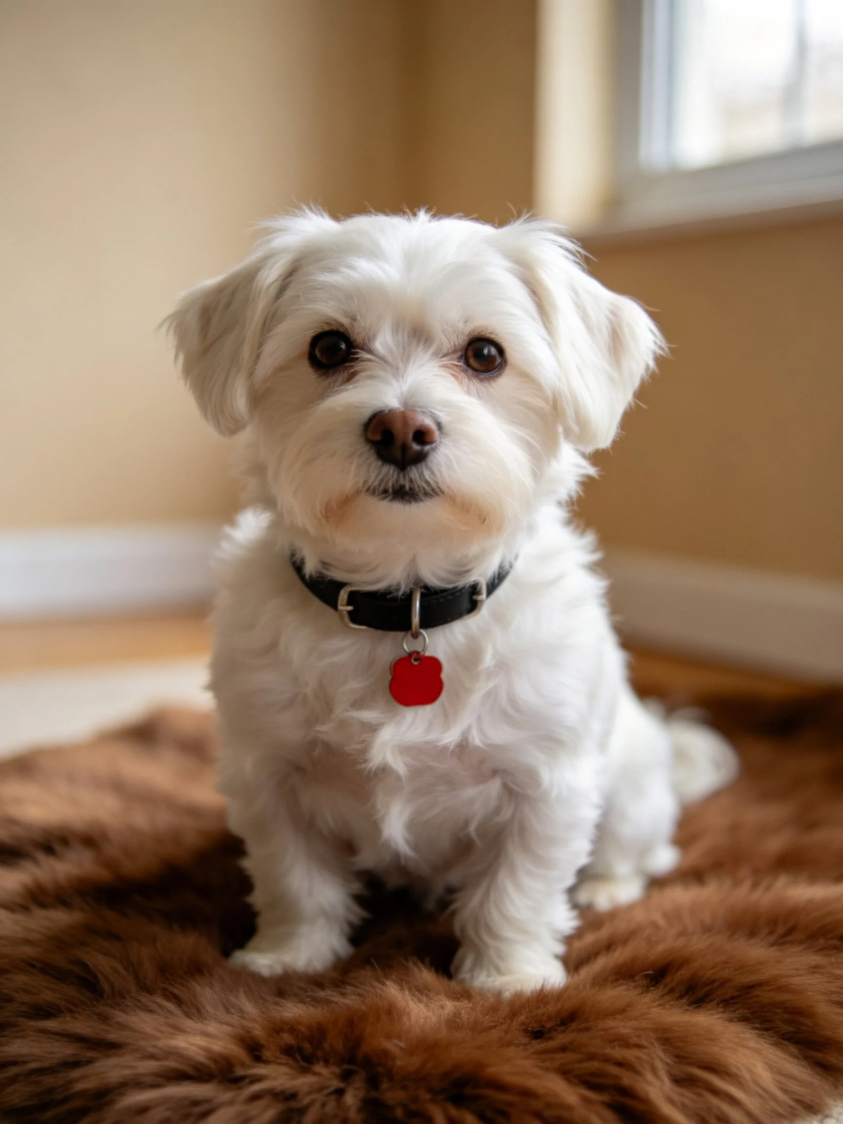 A small white dog sits indoors on a brown mat.
