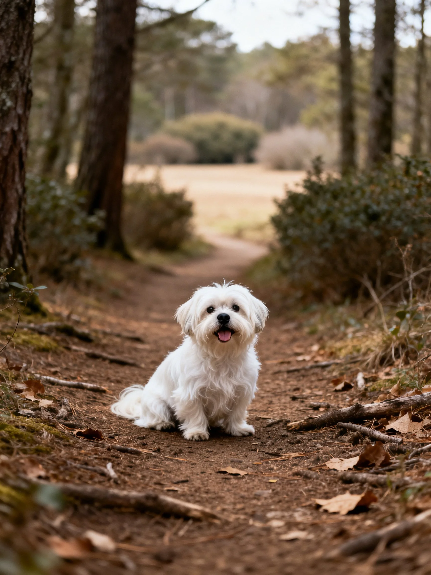 A small white dog sits contentedly on a forest dirt path with trees flanking either side