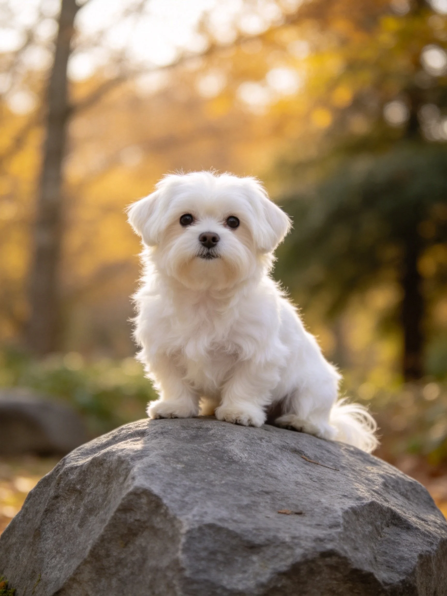A small white dog rests on a large rock in a sunlit autumn forest.