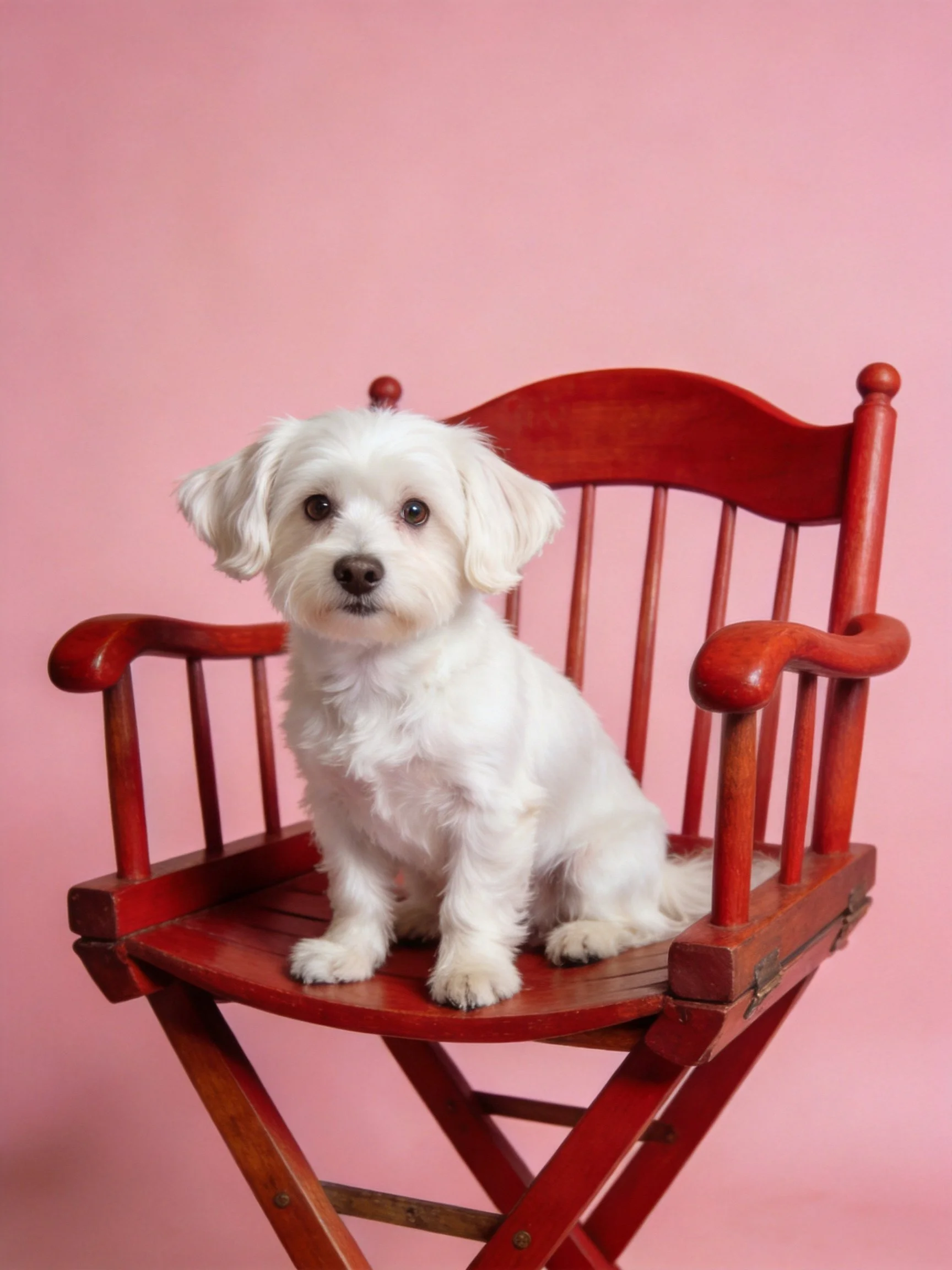 A small white dog sits calmly on a red wooden chair against a pink wall.