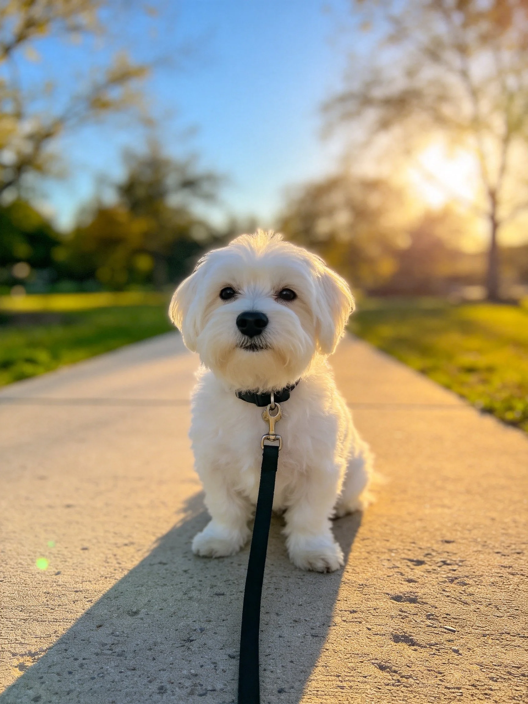 A small white dog sits calmly on a sunlit concrete path during golden hour.