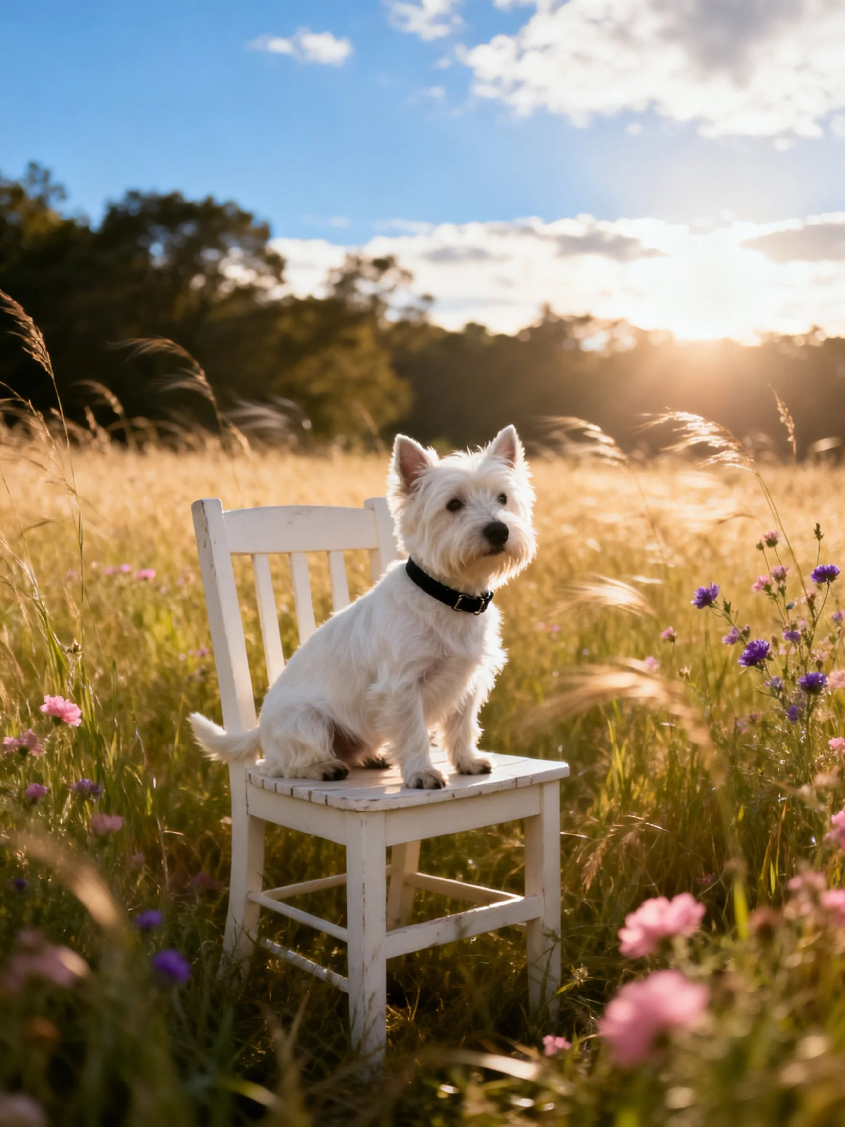 A small white dog sits on a white chair in a sunlit meadow with wildflowers.