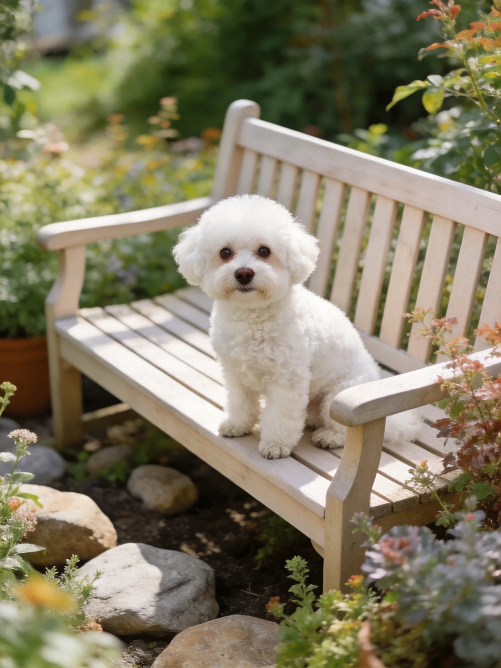 A small white dog sits on a wooden bench in a sunlit garden with surrounding plants and rocks.