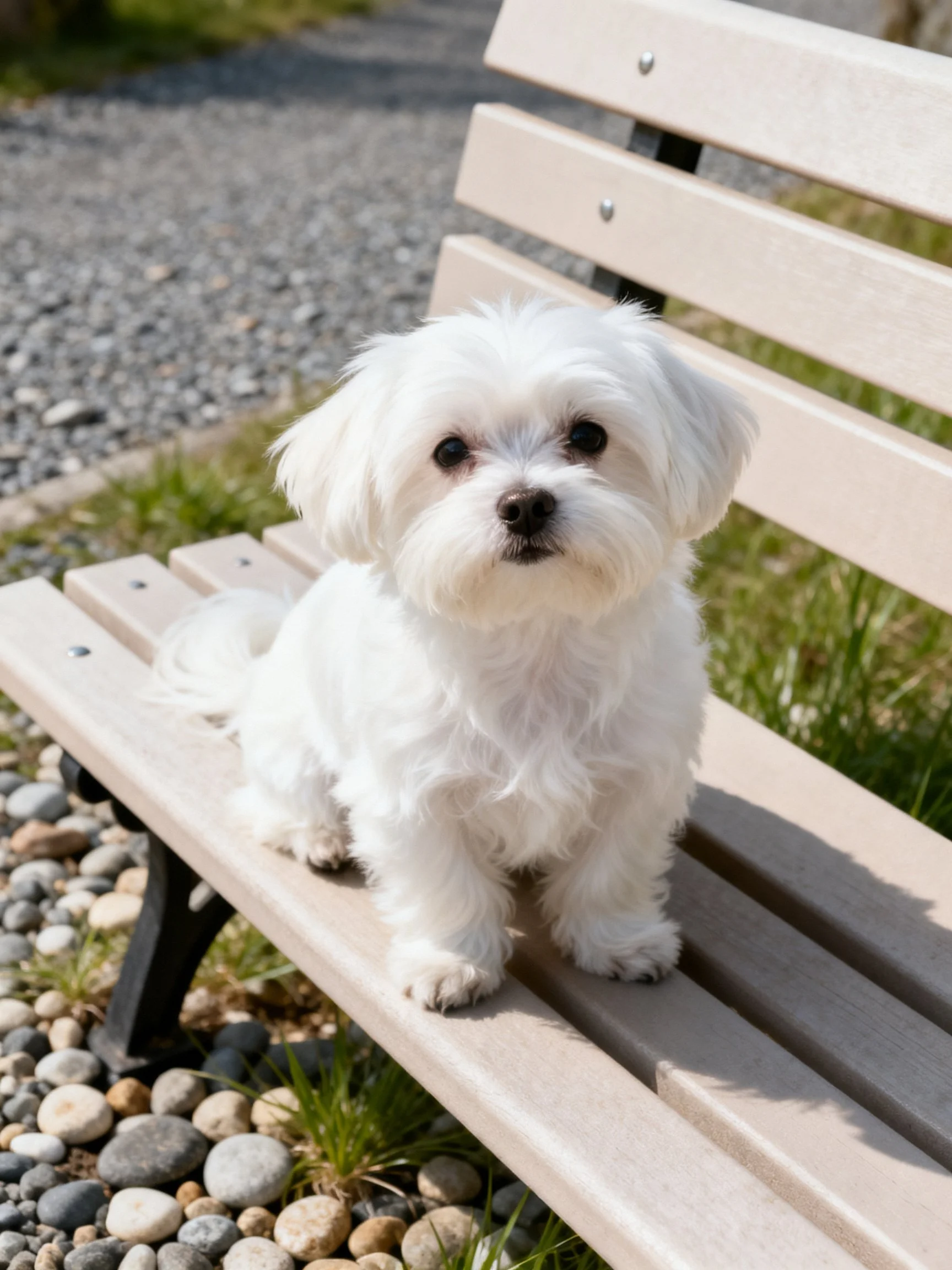 A small white dog sits calmly on a wooden bench in an outdoor area.
