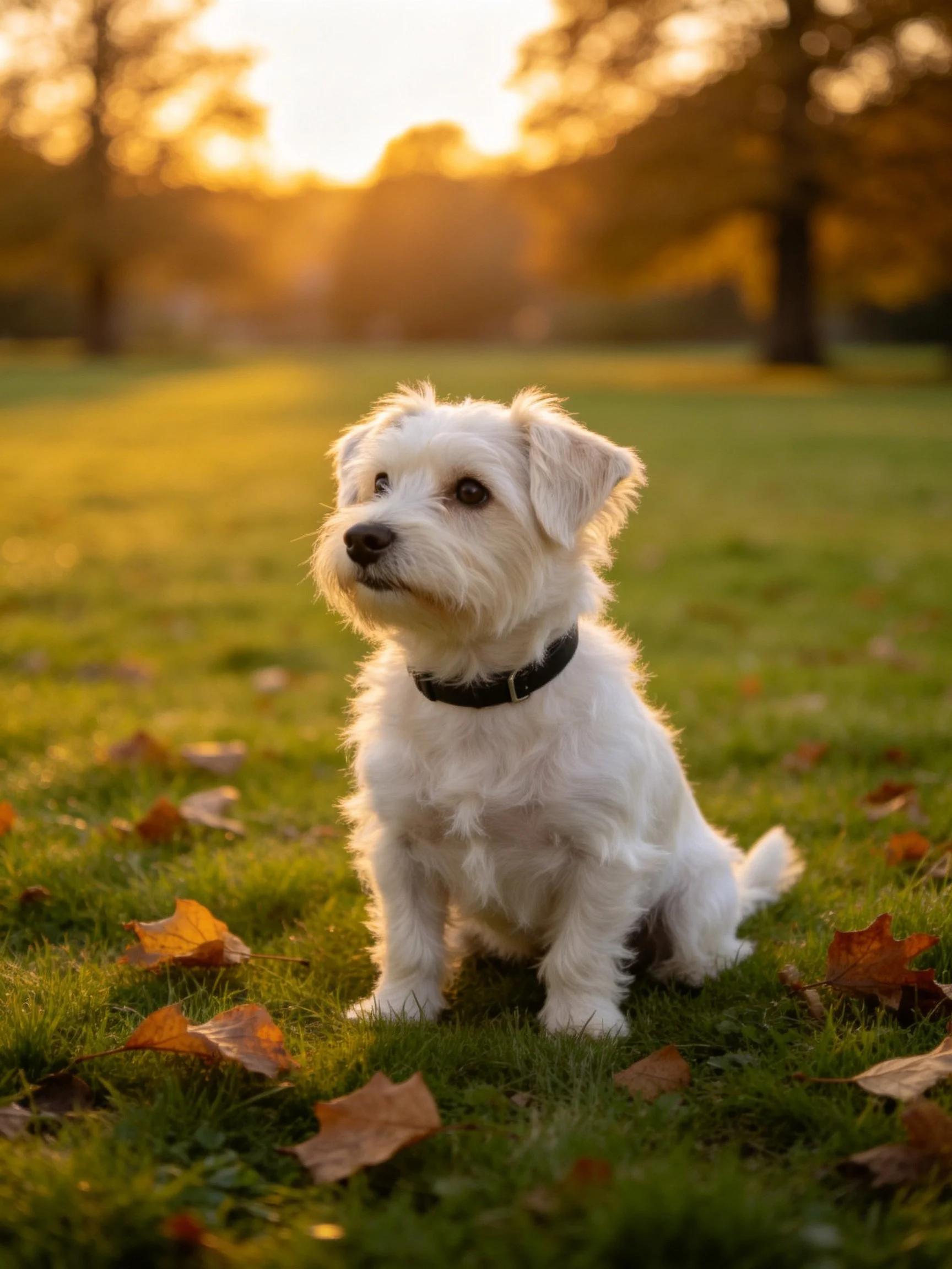 A small white dog sits among autumn leaves in a sunlit grassy area
