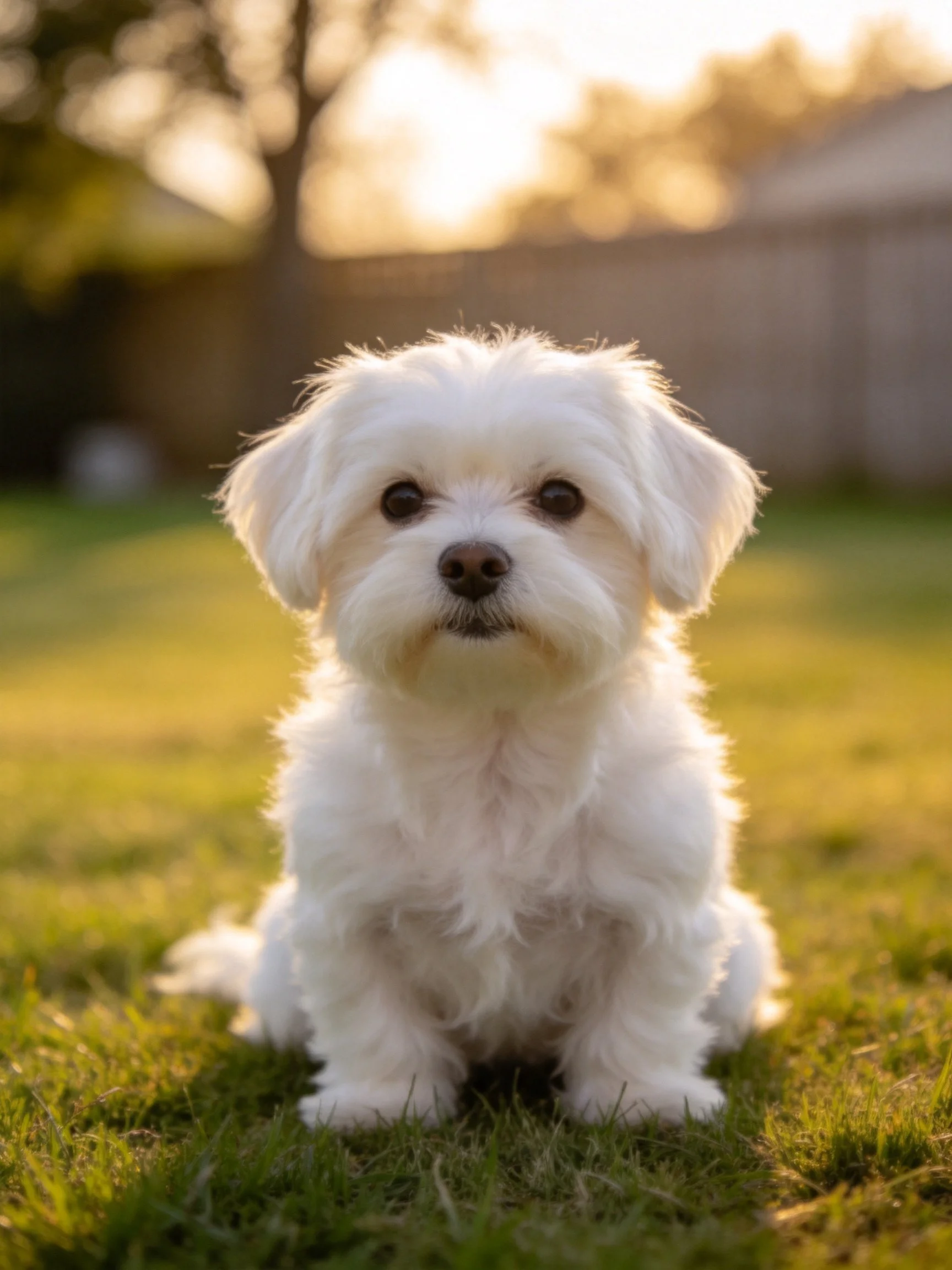A small white dog sits calmly on grass in a sunlit outdoor setting.
