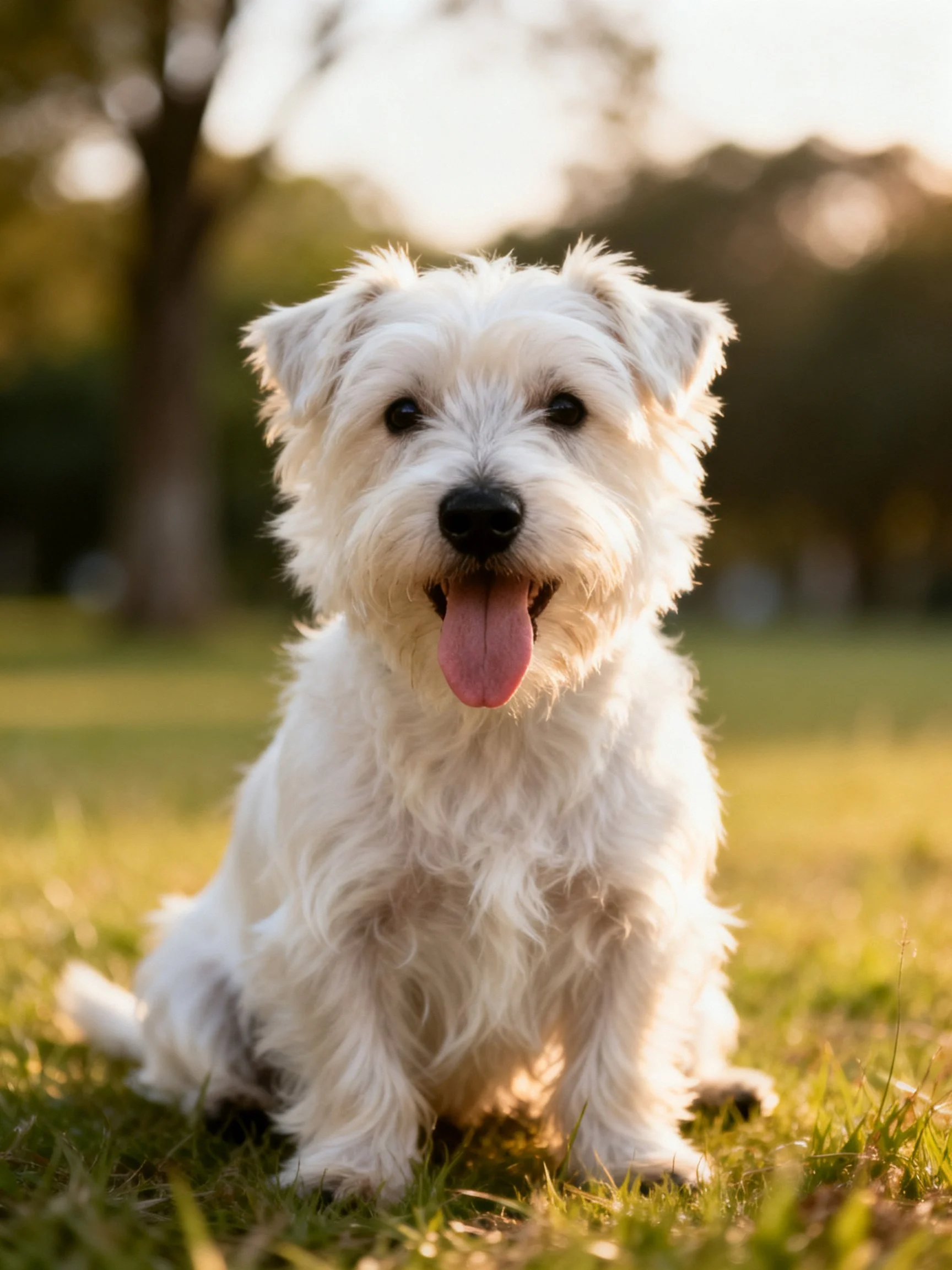 A small white dog sits happily on grass in a sunlit outdoor area.