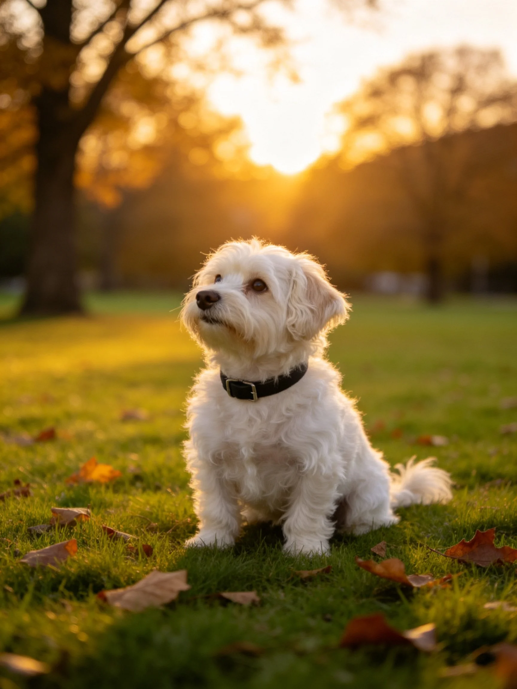 A small white dog sits on grass amid autumn leaves during golden hour.
