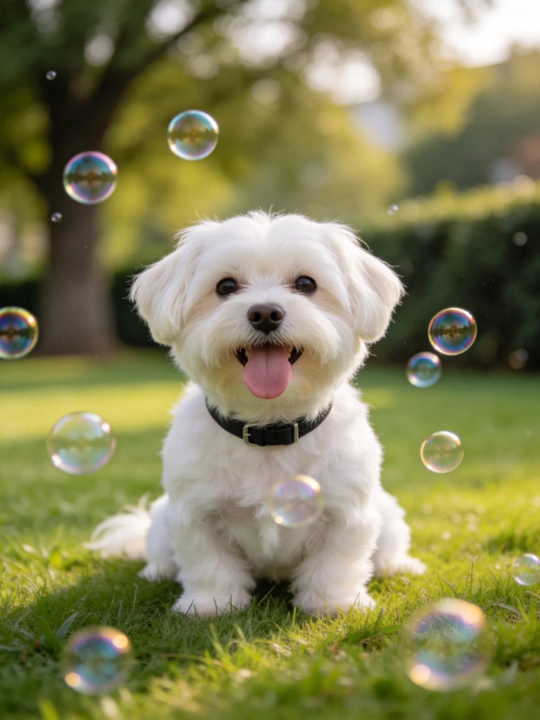 A small white dog enjoys playful soap bubbles in a sunlit outdoor space.