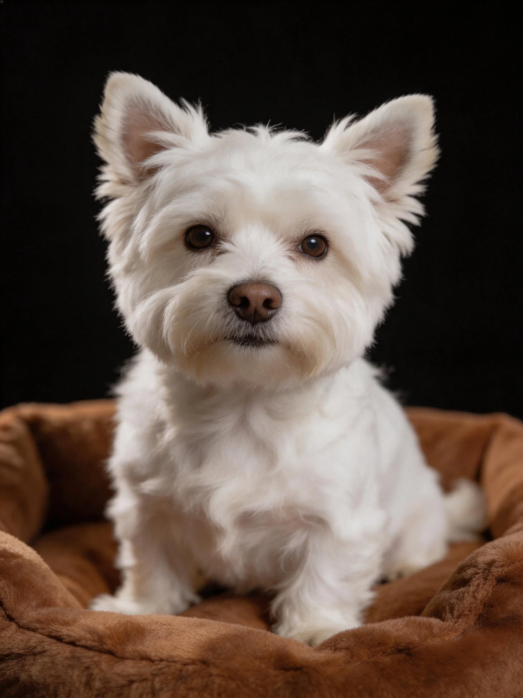 A small white dog sits calmly in a brown pet bed with a black background.