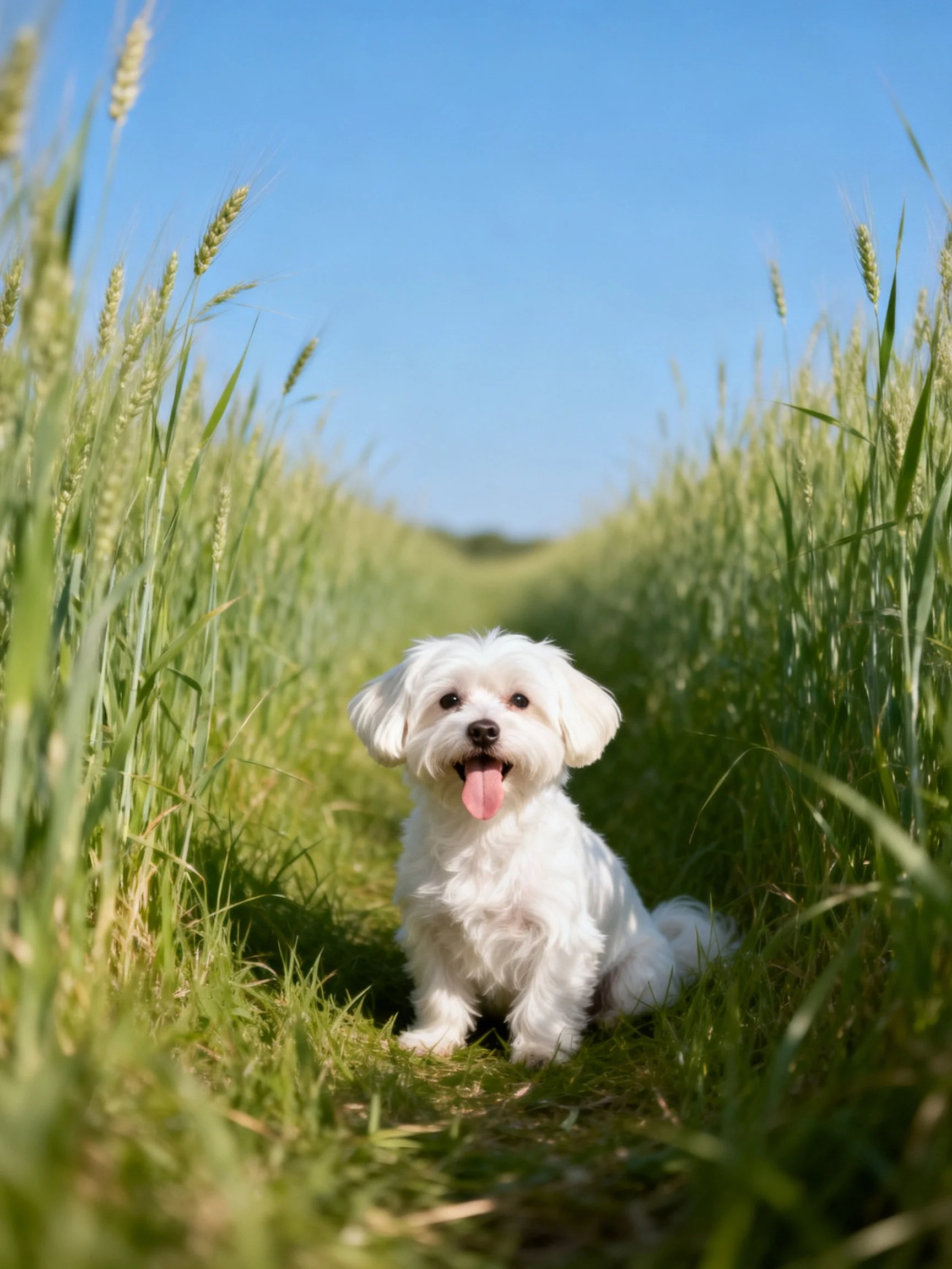 A small white dog sits happily among tall green wheat stalks under a clear blue sky.
