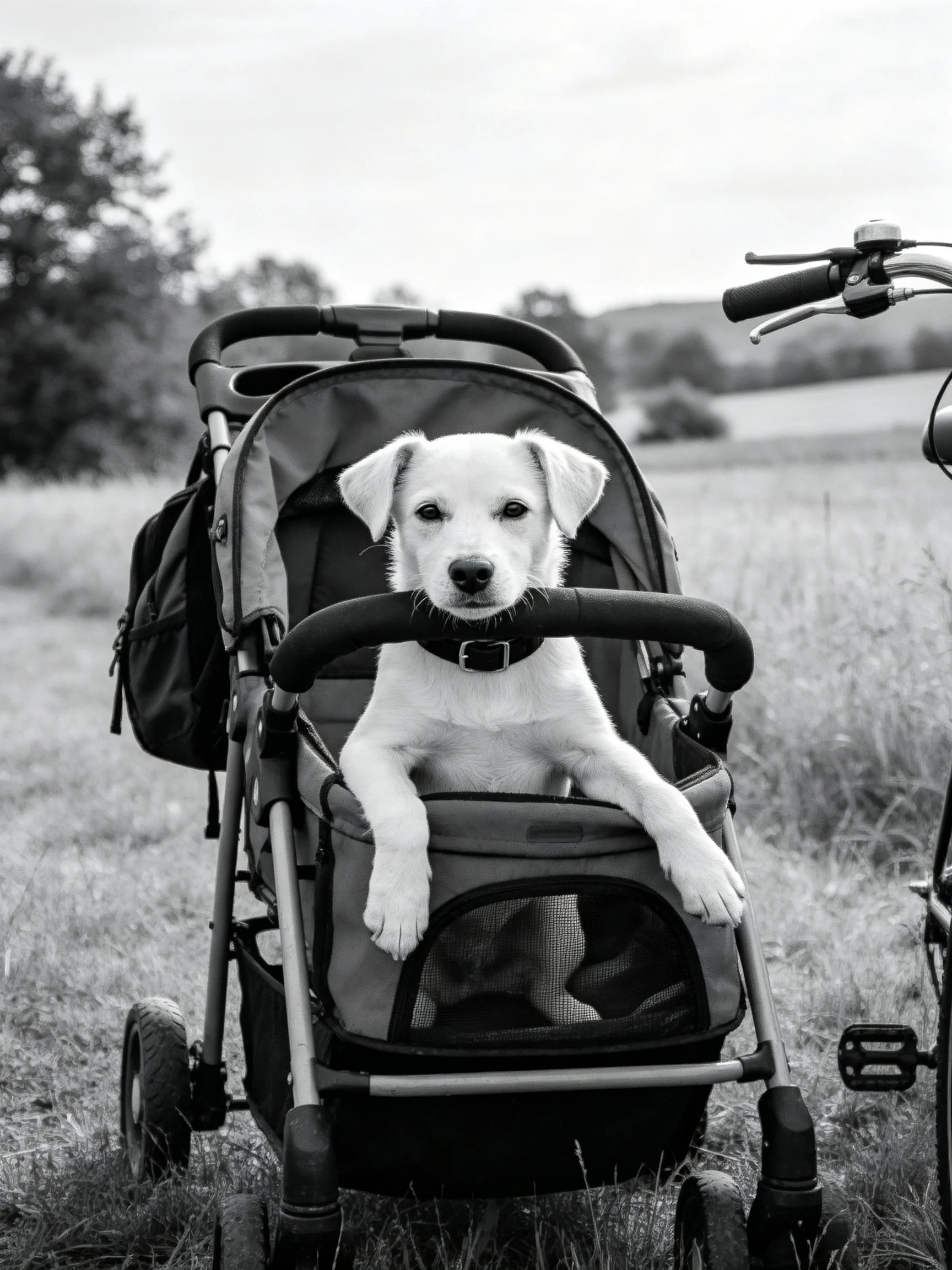 A small white dog rests in a pet stroller beside a bicycle in an open field