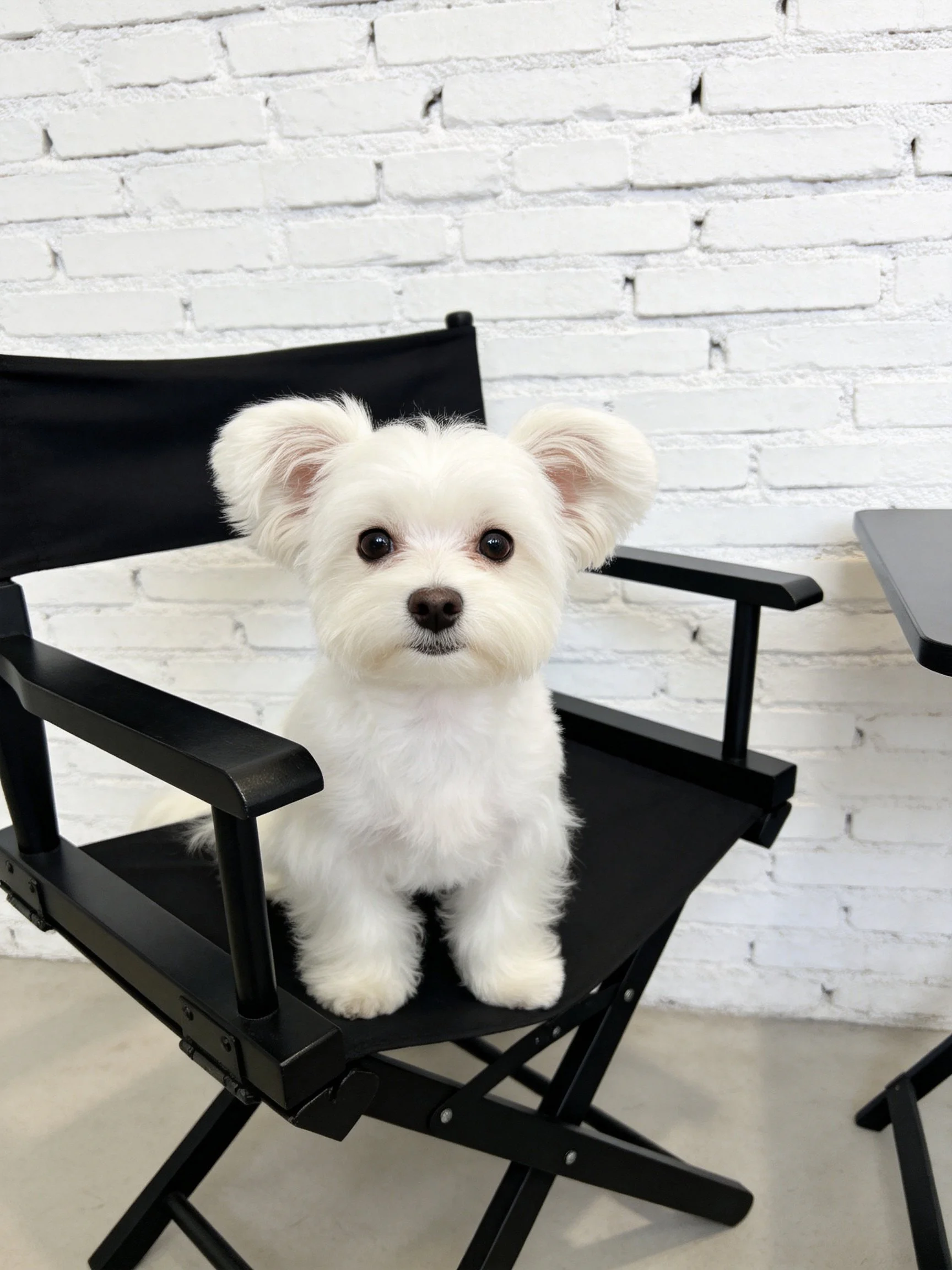 A small white dog sits calmly on a black directors chair near a white brick wall.