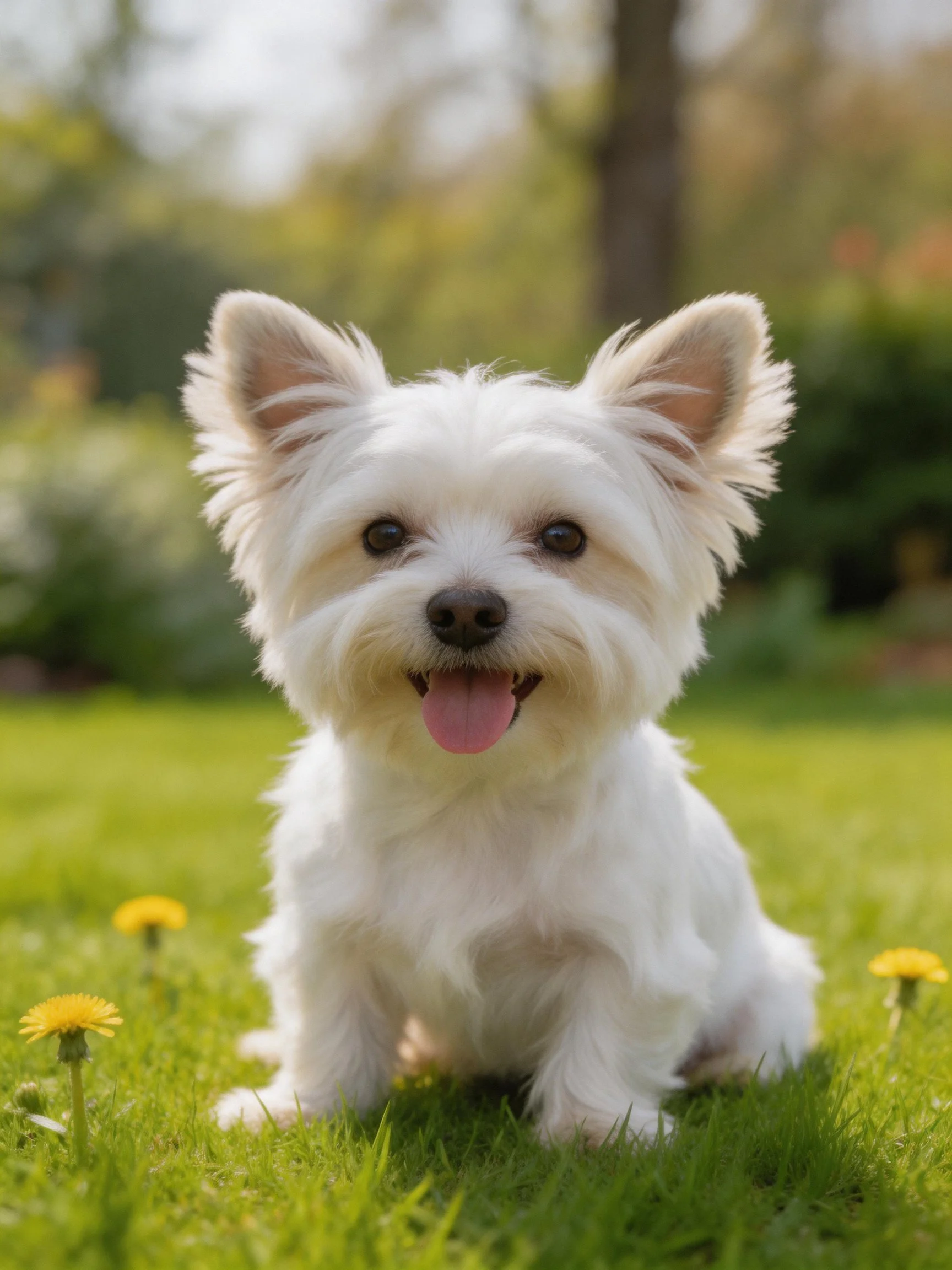 A small white dog sits happily on green grass near yellow flowers.