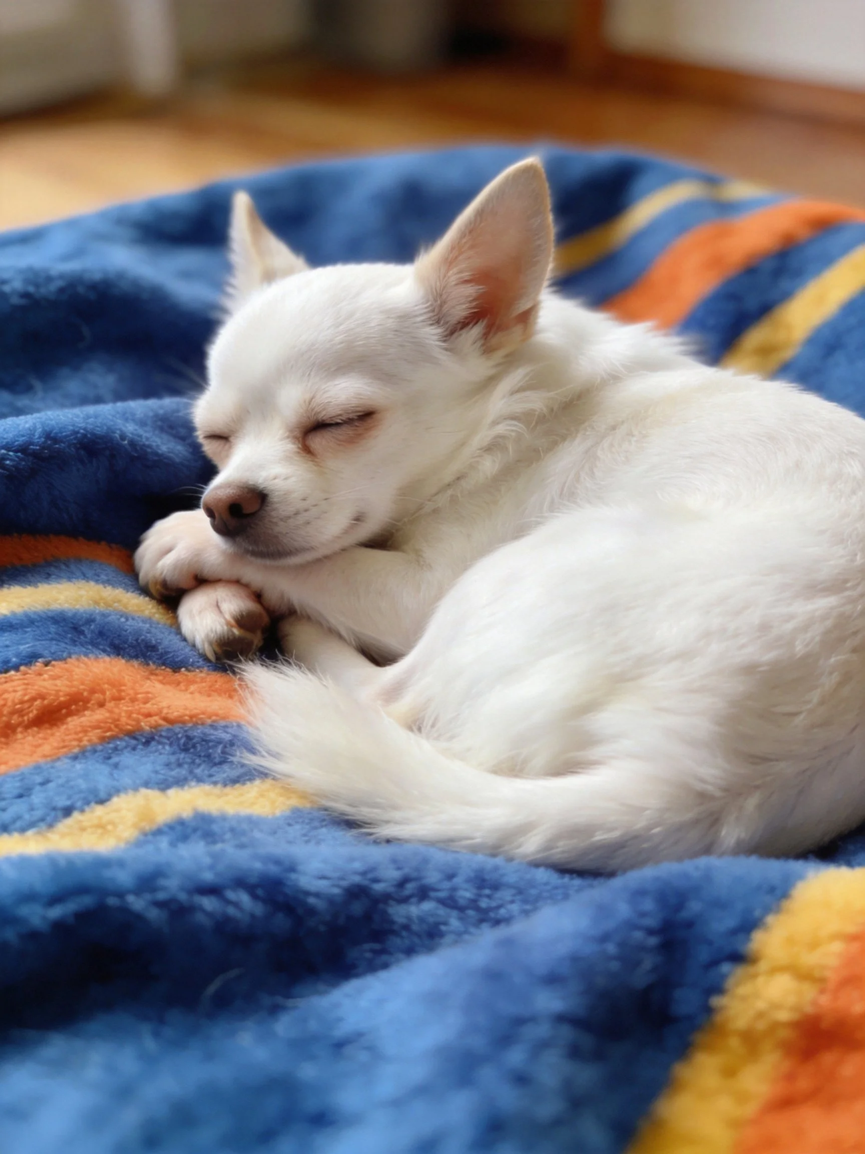 A smallwhite dog curls up asleep on a vibrant striped blanket indoors.