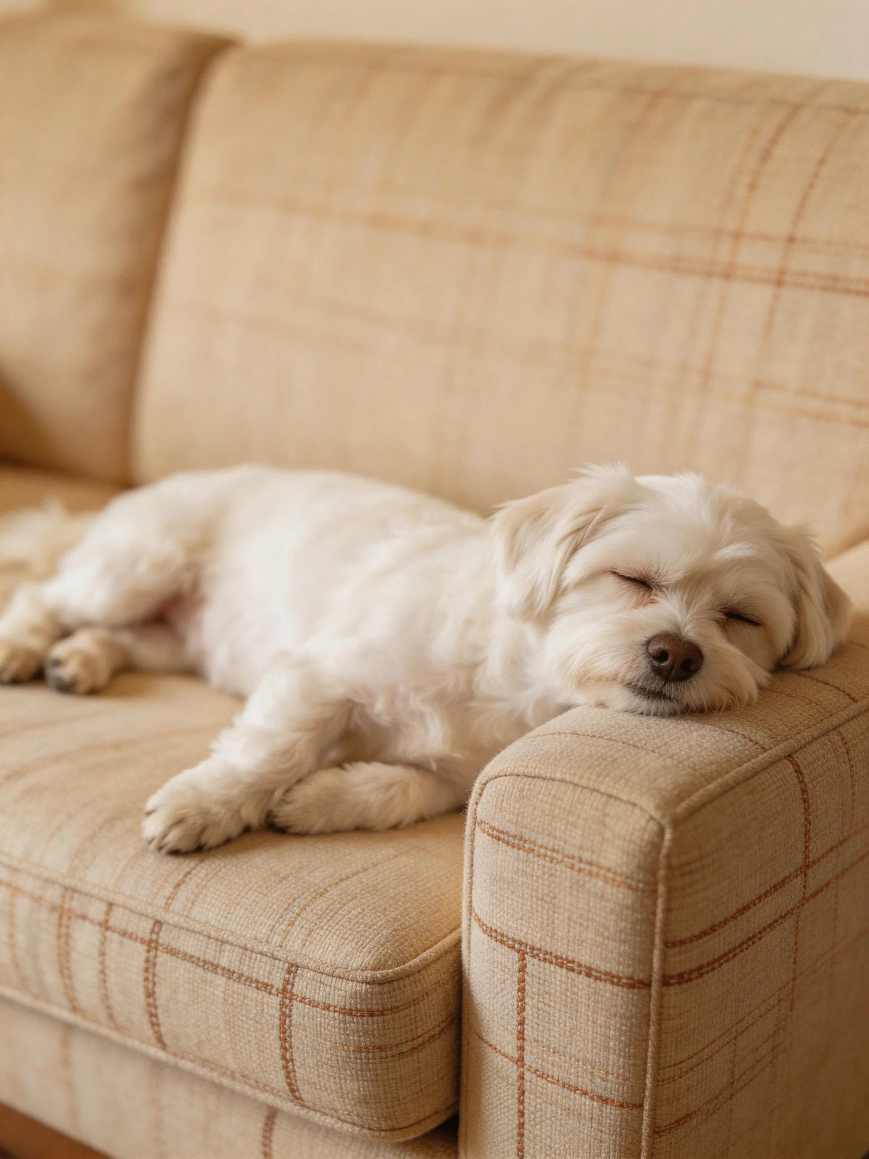 A small white dog sleeps on a beige plaid couch with closed eyes.