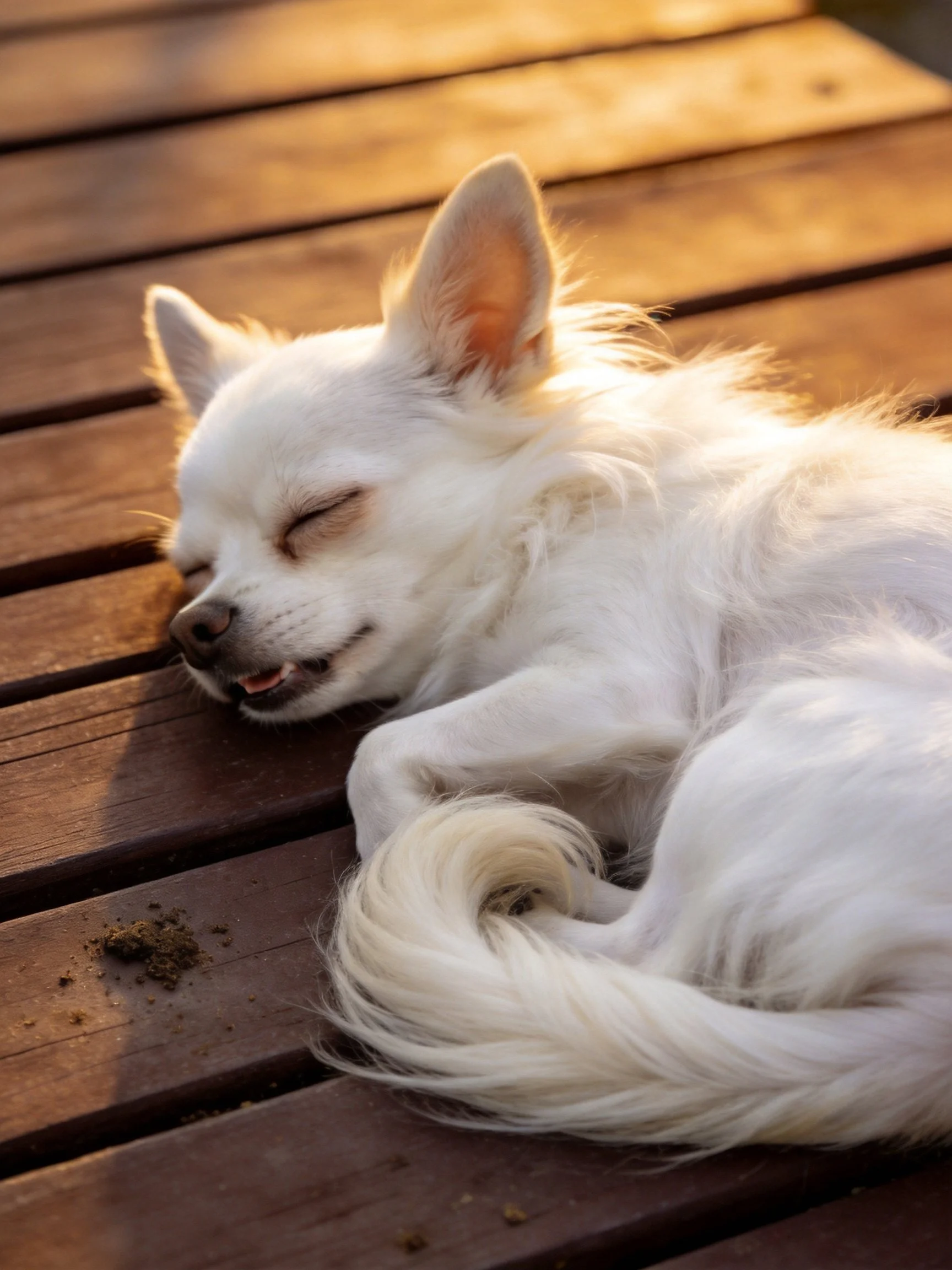 A small white dog rests comfortably on a wooden surface lit by sunlight.