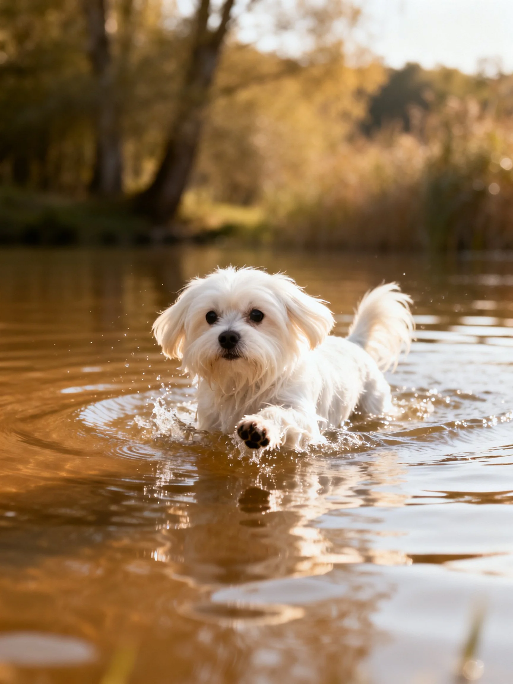 A small white dog swims energetically in a brown river.