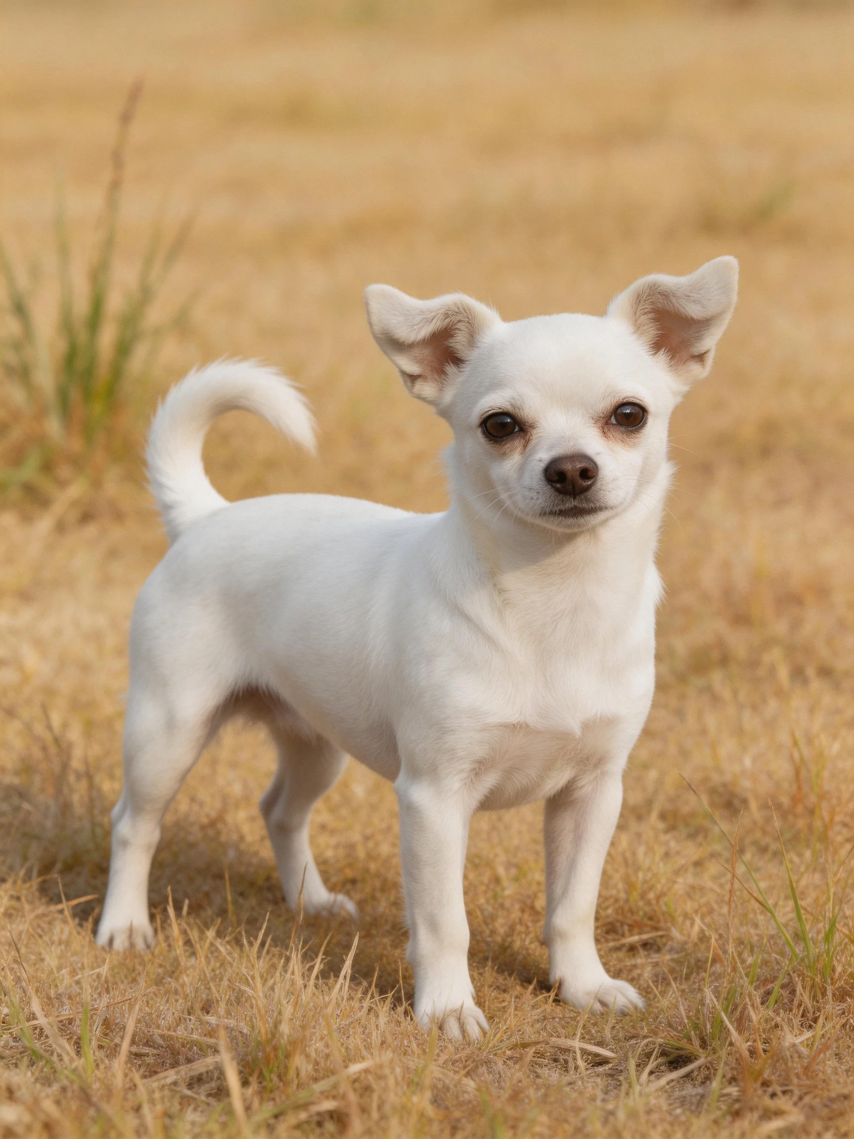 A small white dog stands alertly on dry grass in an outdoor setting.