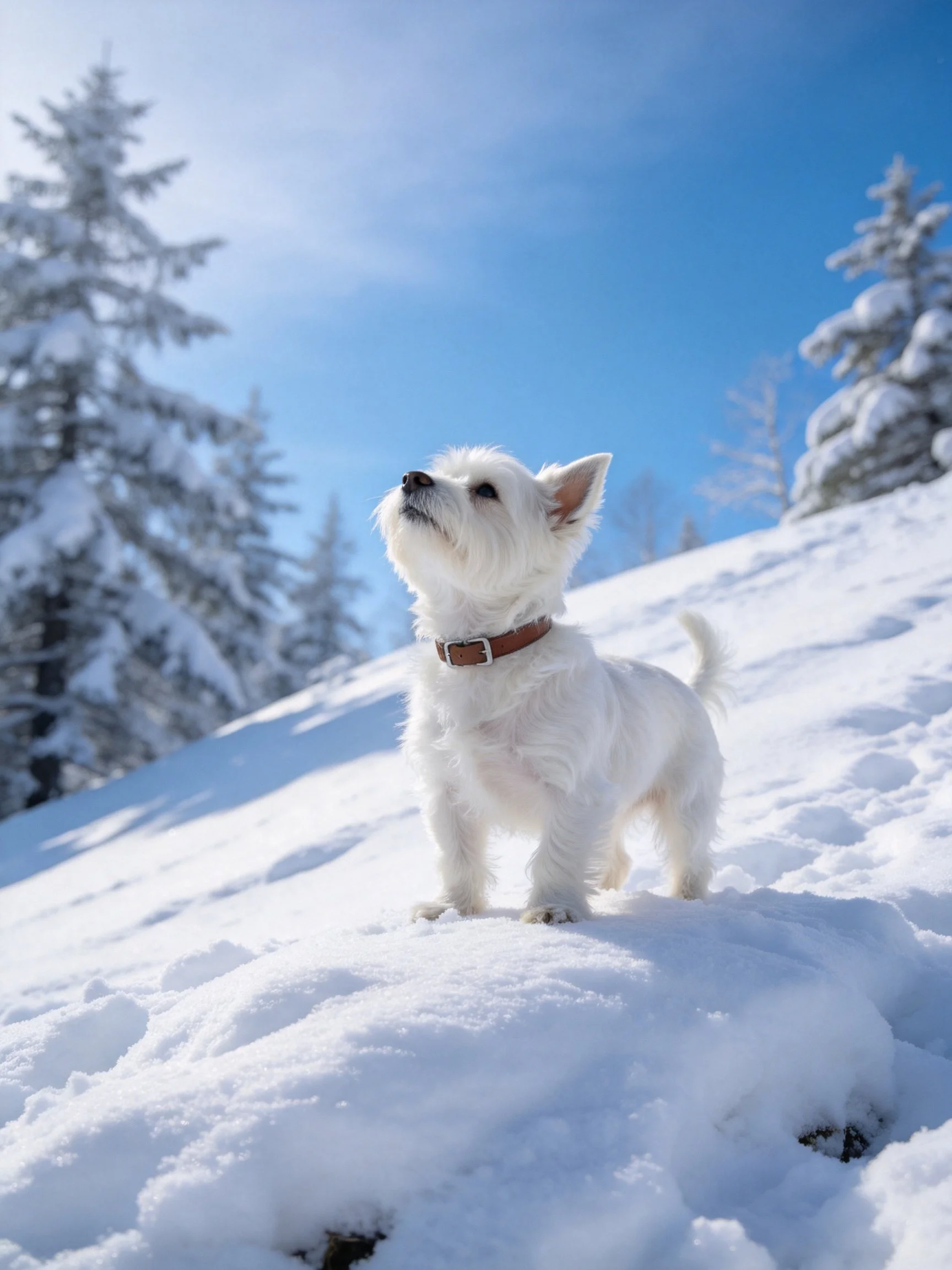 A small white dog stands on snow - covered ground amidst snow - laden evergreens.