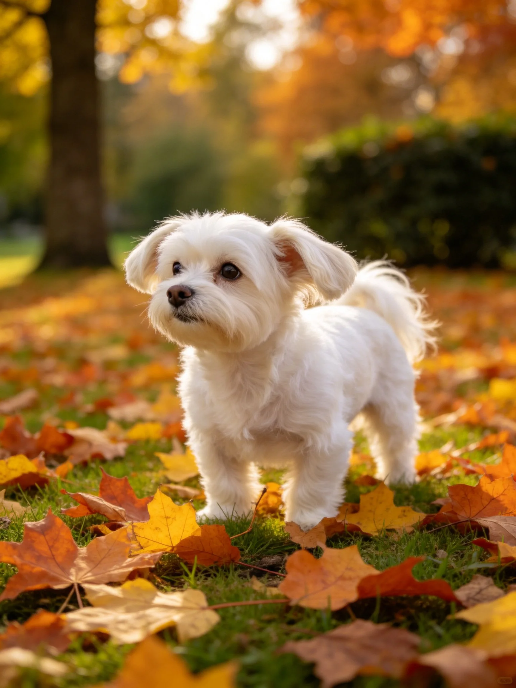 A small white dog stands among vibrant autumn leaves in a sunlit outdoor setting.