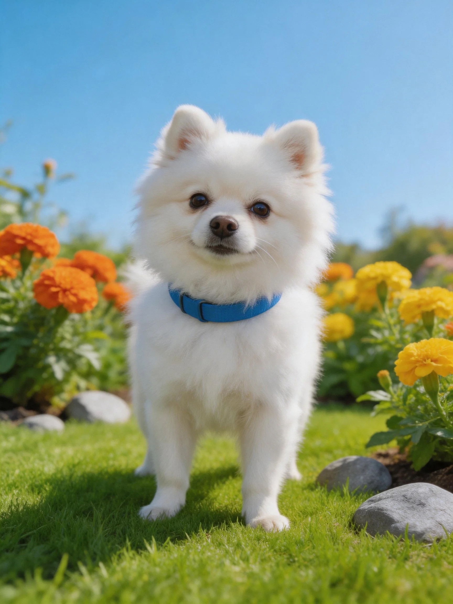 A small white dog stands in a sunny garden with colorful flowers.