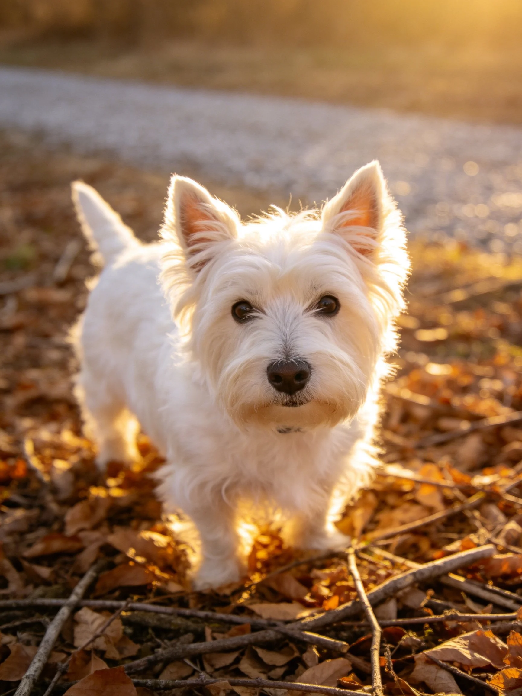 A small whitedog is surrounded by fallen autumn leaves in a sunlit area.