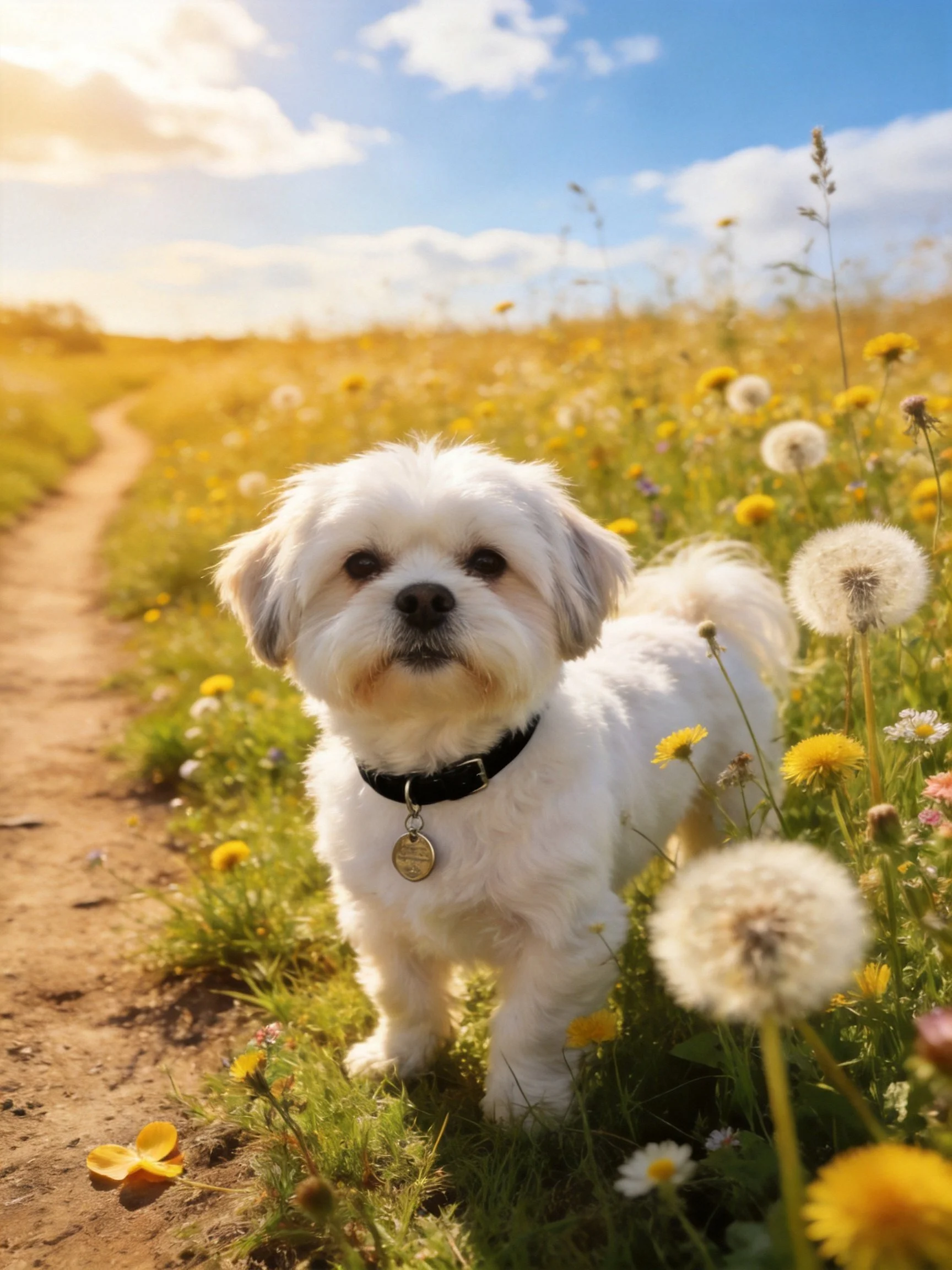 A small white dog stands in a sunlit meadow of yellow flowers next to a dirt path.