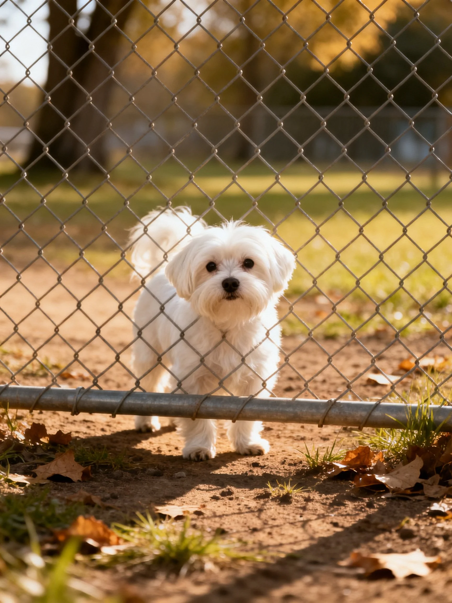 A small white dog gazes toward the viewer from behind a chain-link fence.