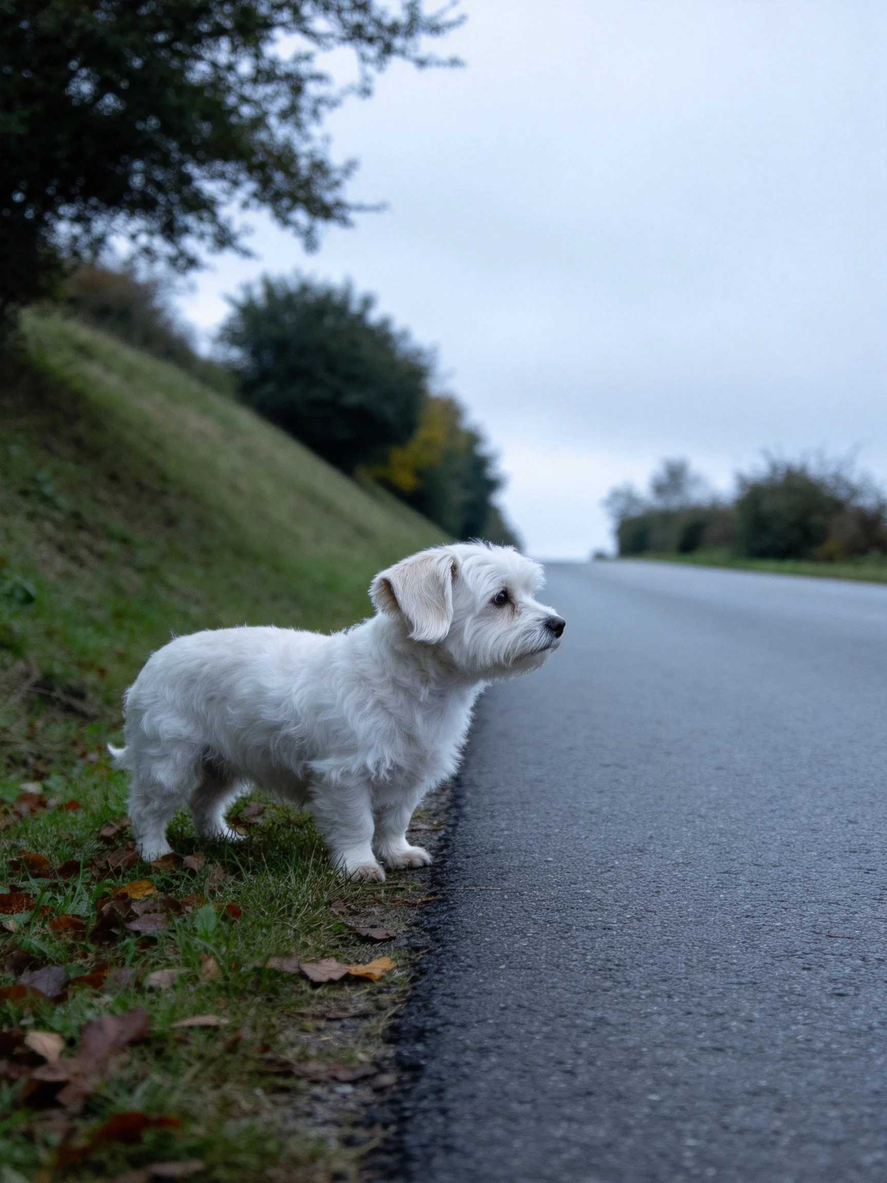 A small white dog stands by a quiet paved road beside a grassy hillside.