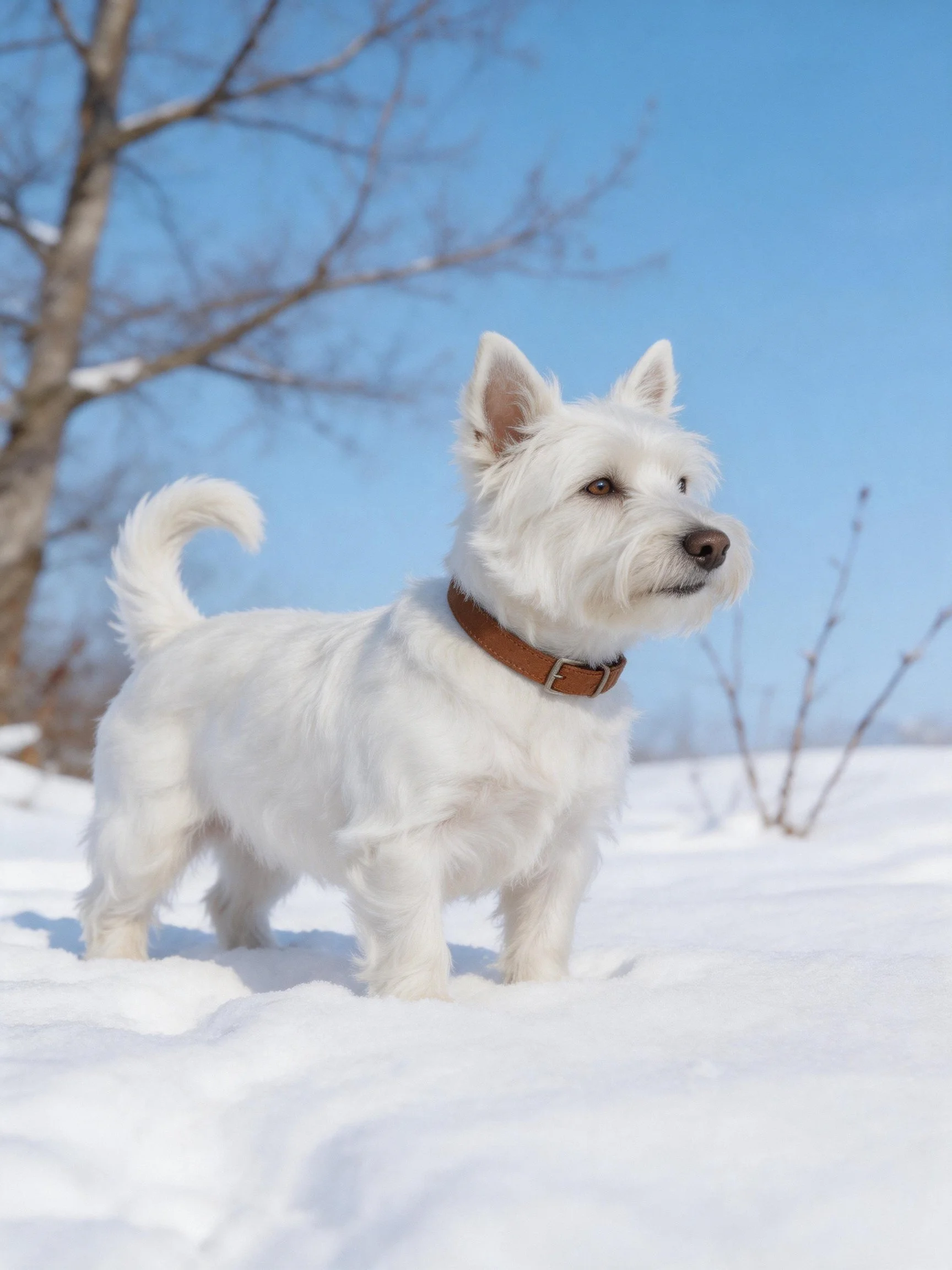 A small white dog stands alert in a snowy outdoor setting.