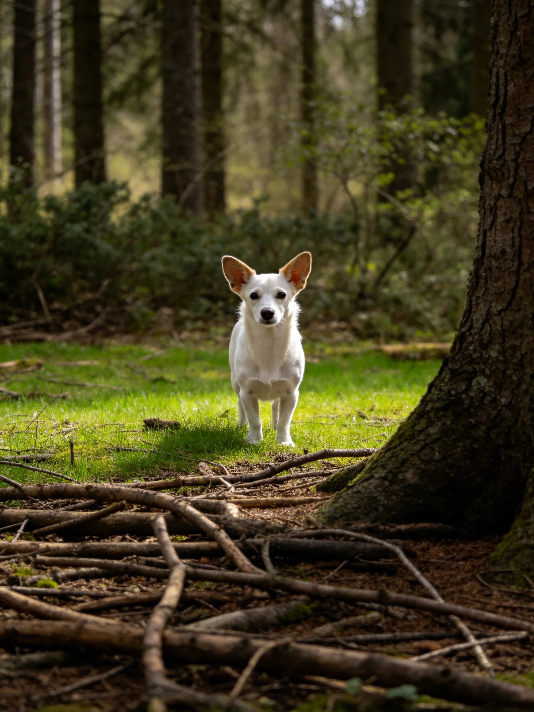 A small white dog stands alert amid sun-dappled forest scenery.