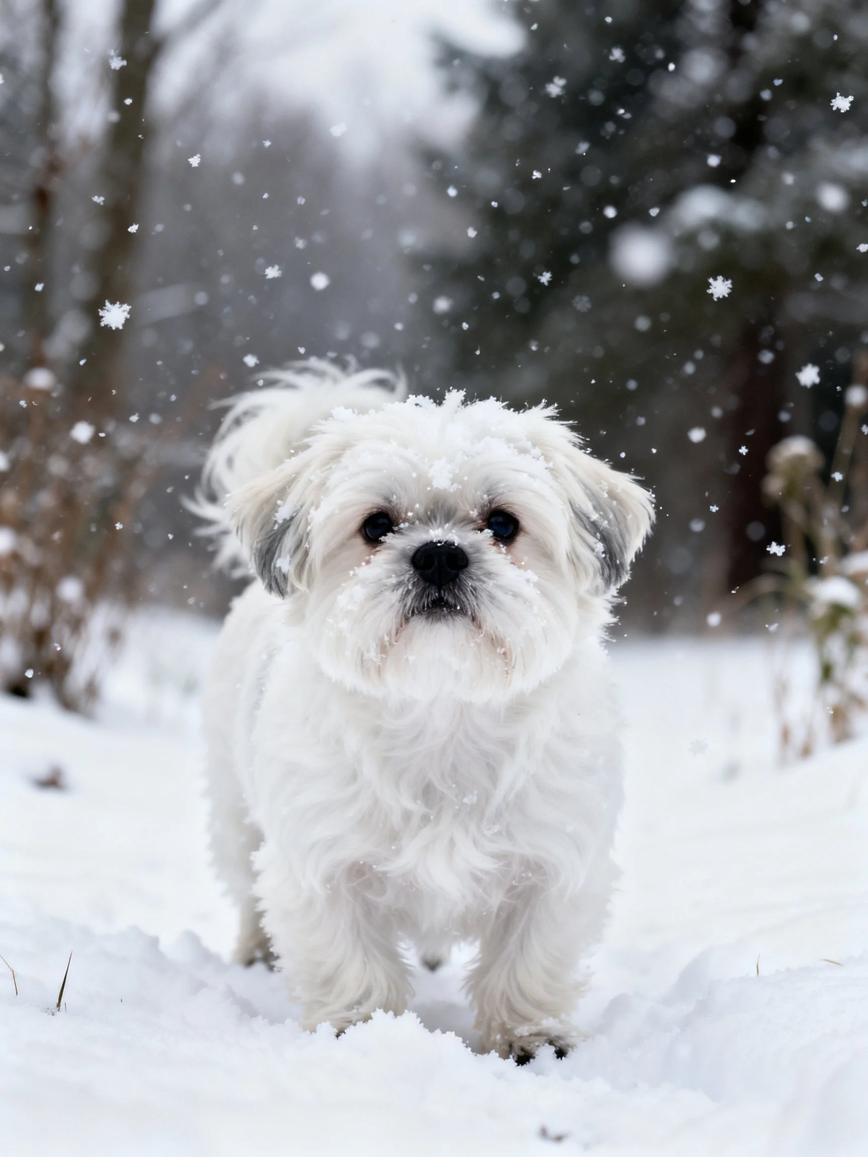 A small white dog stands amid falling snow in a wintry wooded area.