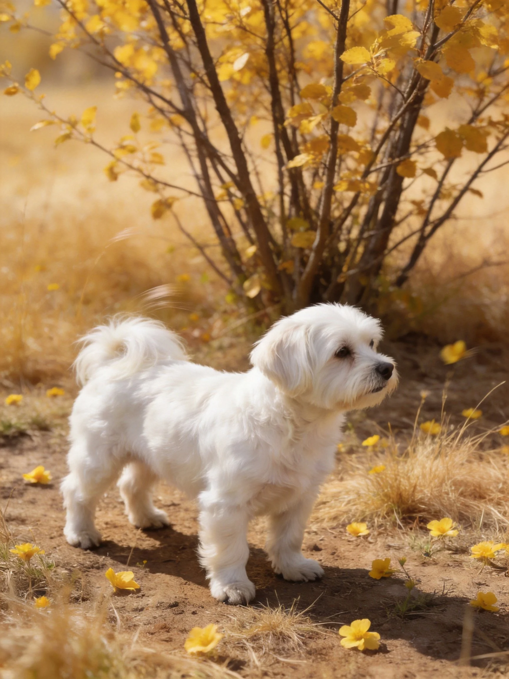 A small white dog explores a sunny area with golden flora