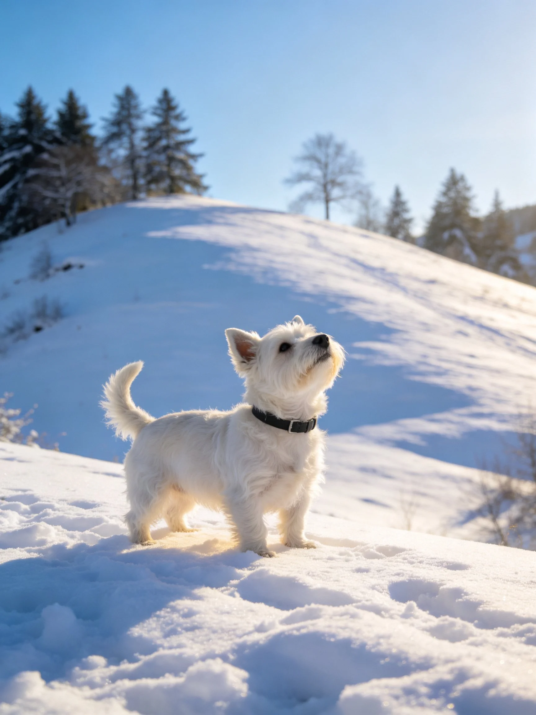 A small white dog looks upward on a bright snowy hillside
