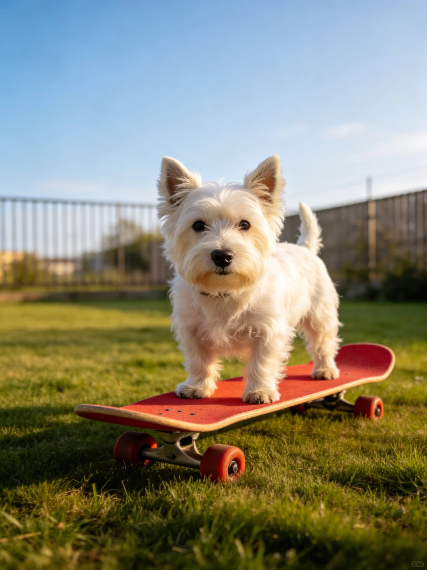 A small white dog stands on a red skateboard in a sunny outdoor setting.