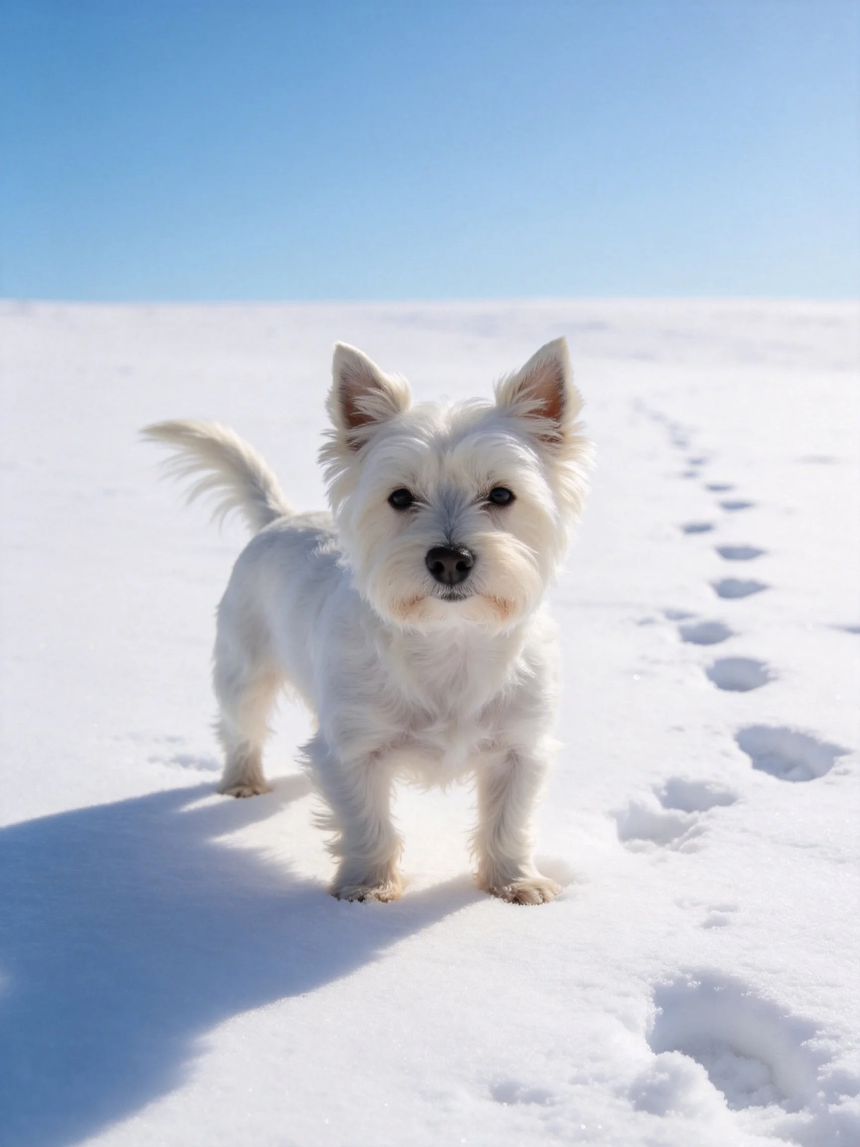 A small white dog stands on a bright snowy field with footprints.