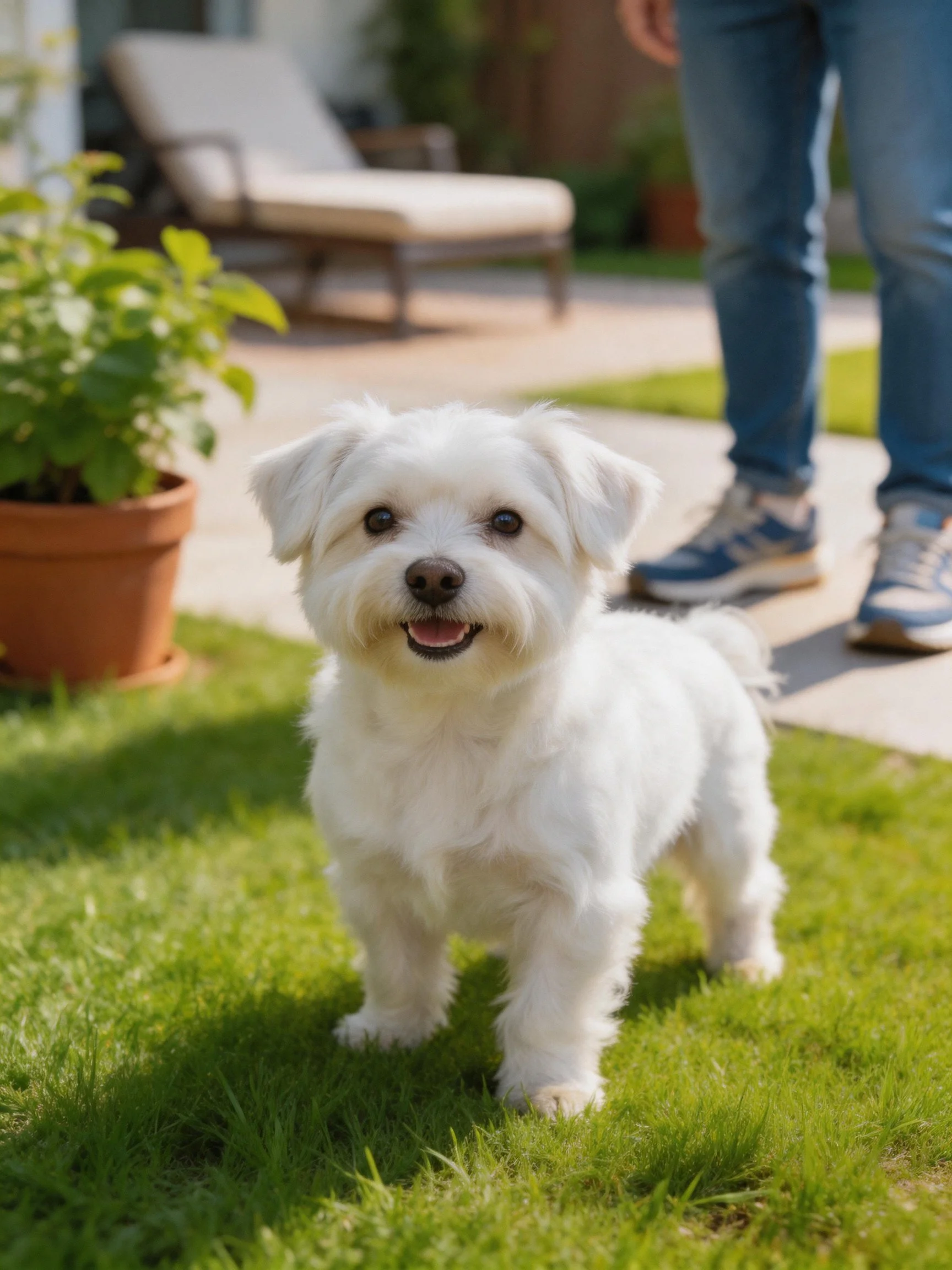 A small white dog stands on green grass near a person in blue jeans