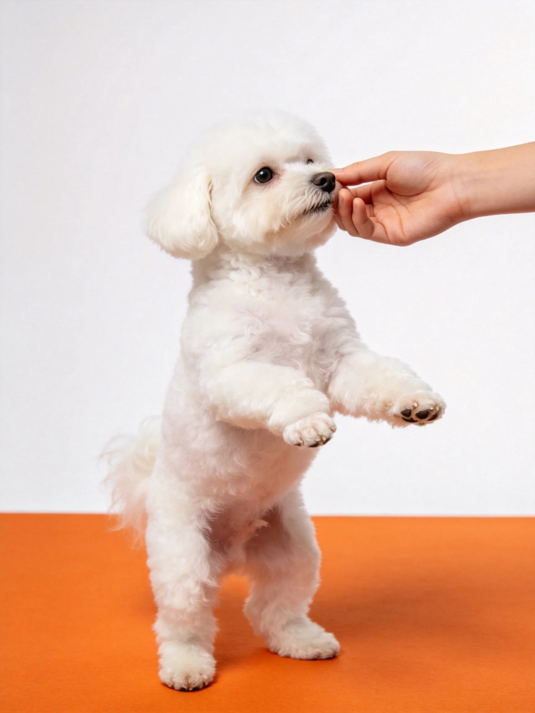A small white dog stands on hind legs near a hand