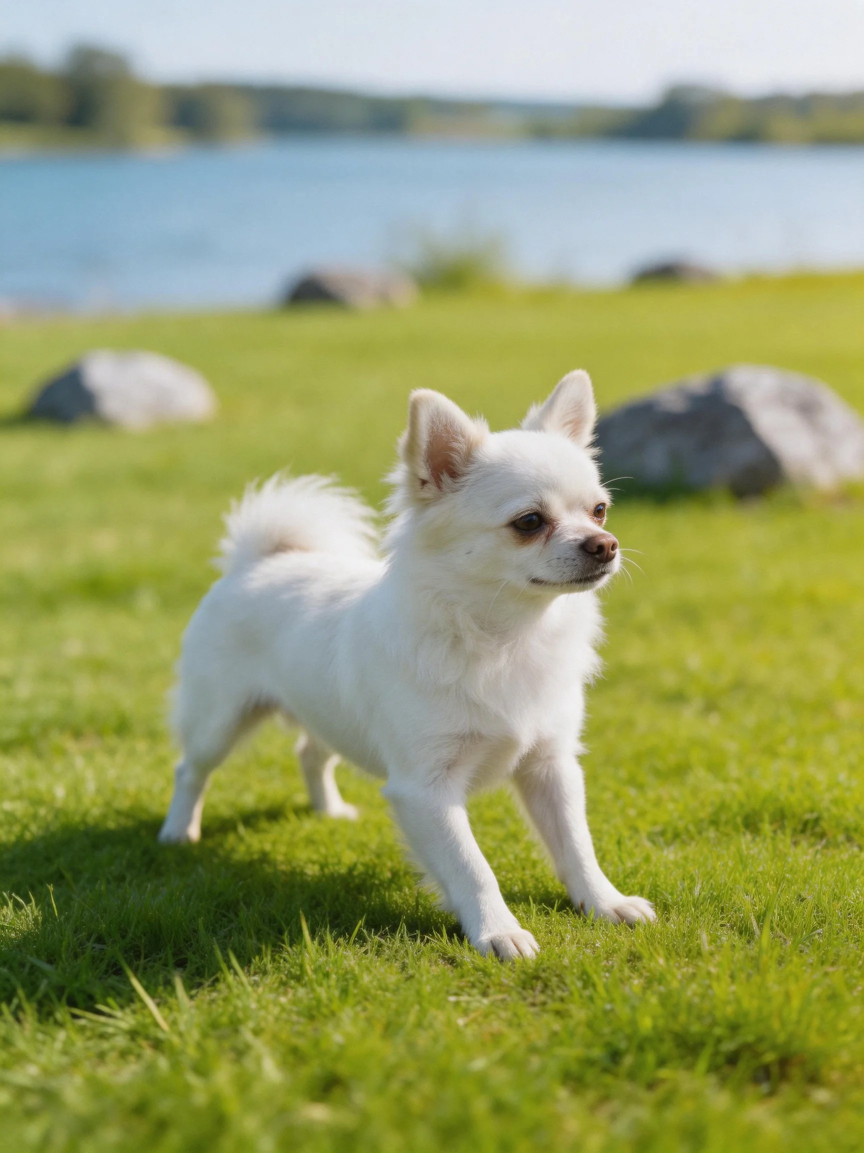 A small white dog stands on green grass by a body of water.