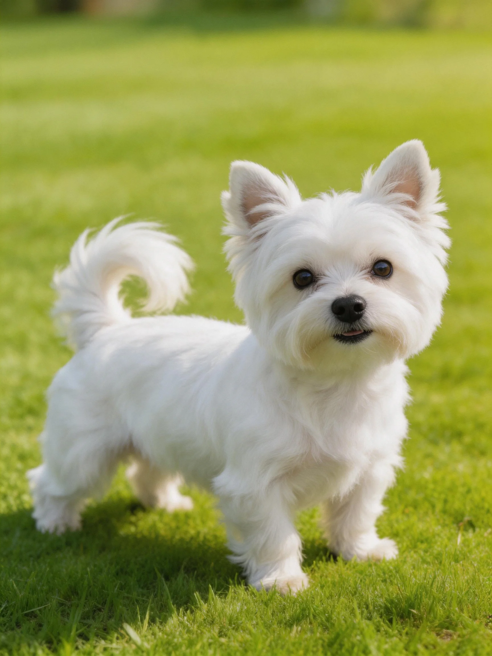A small white dog stands on green grass in sunlight