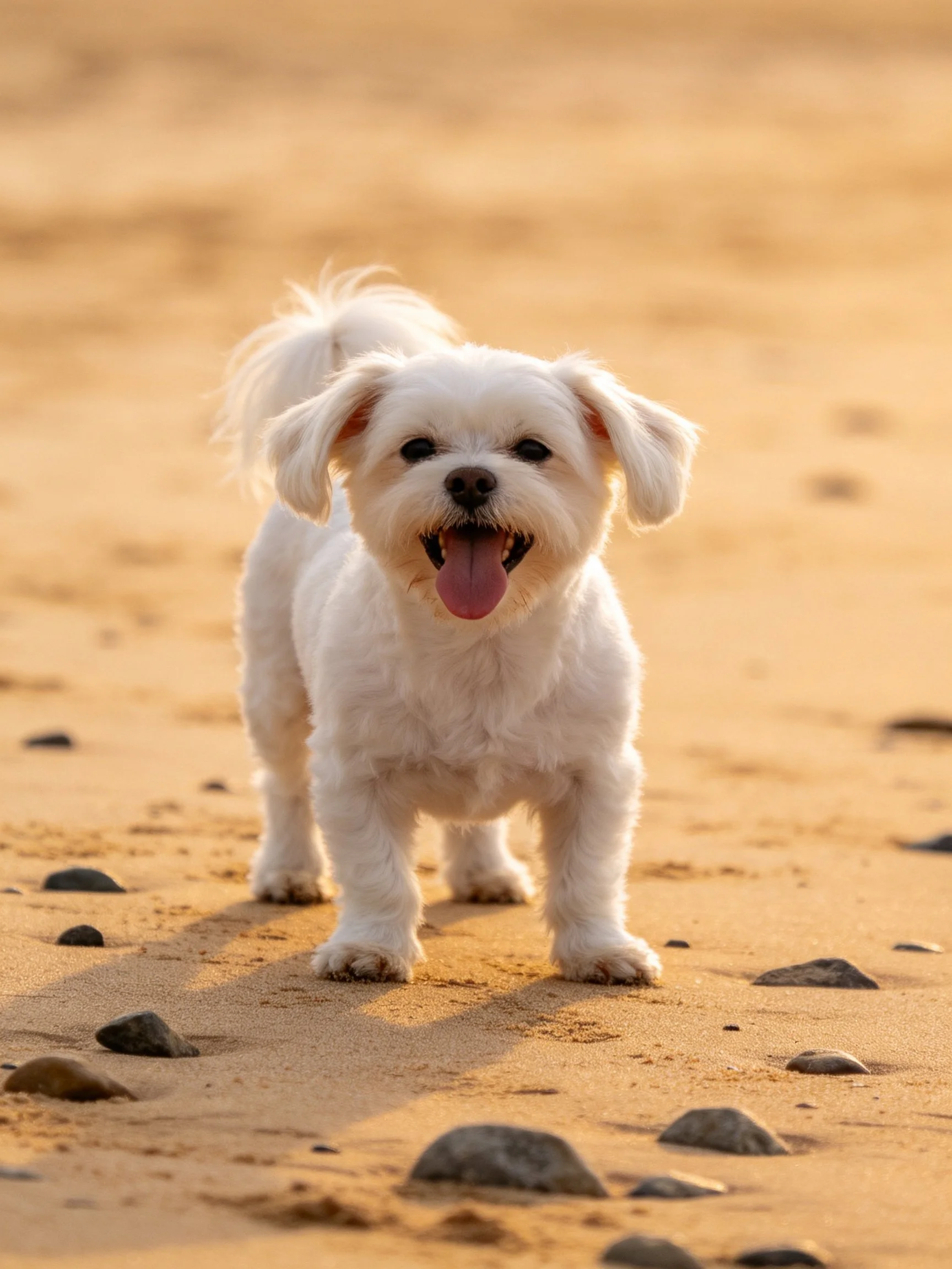 A small white dog stands happily on sandy ground with scattered rocks