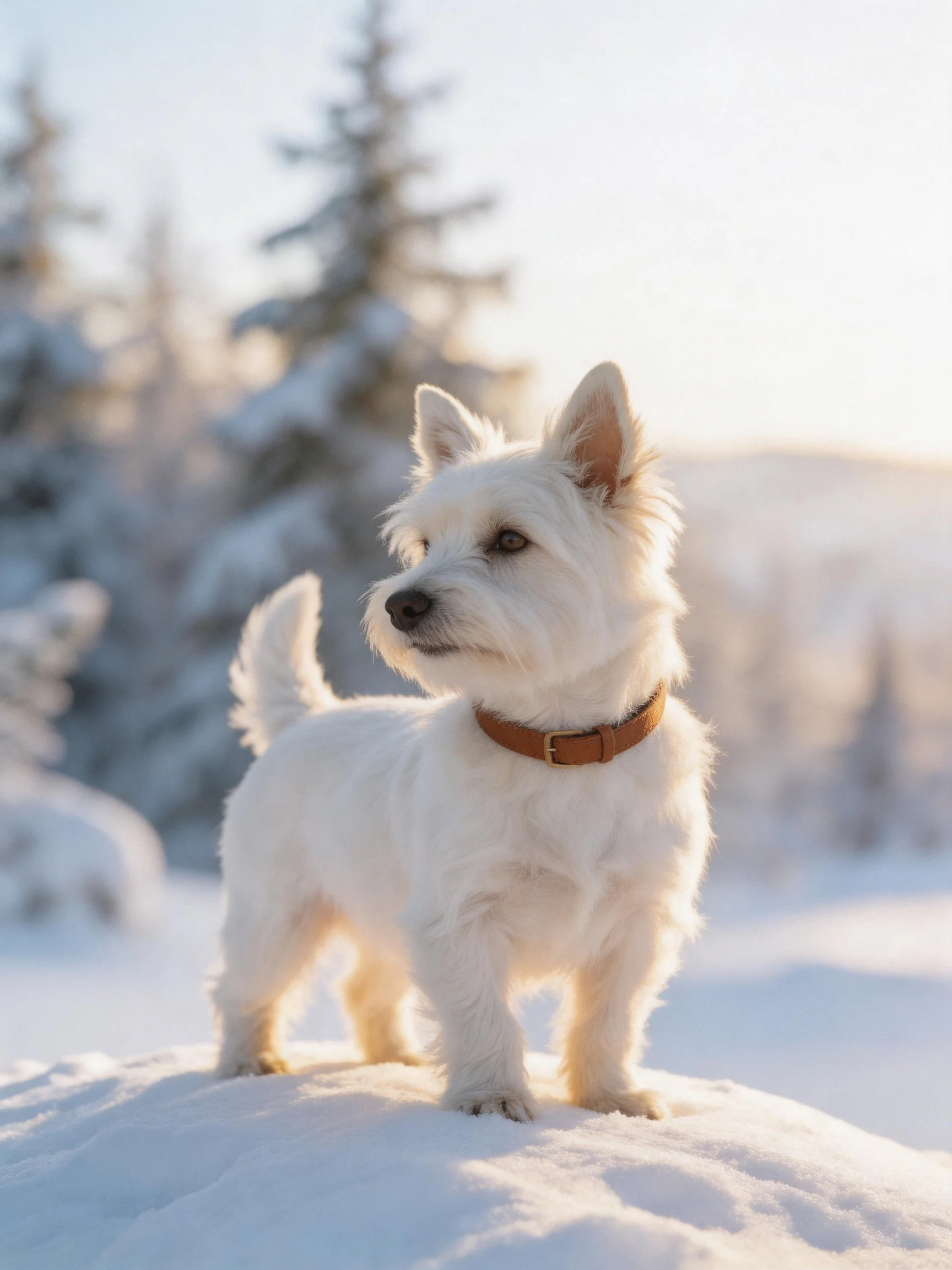 A small white dog stands on snow in a wintry forest environment.