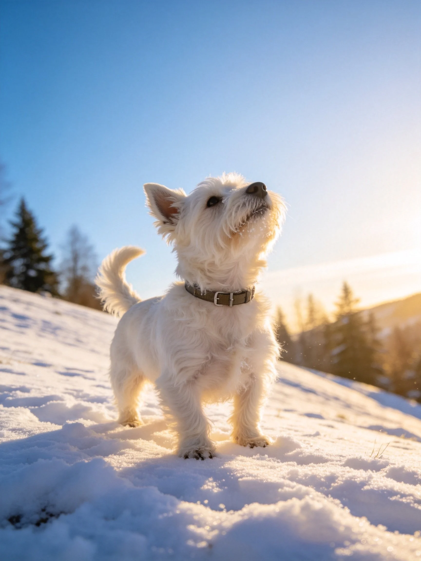 A small white dog looks upward on snow - covered ground in a sunny area.