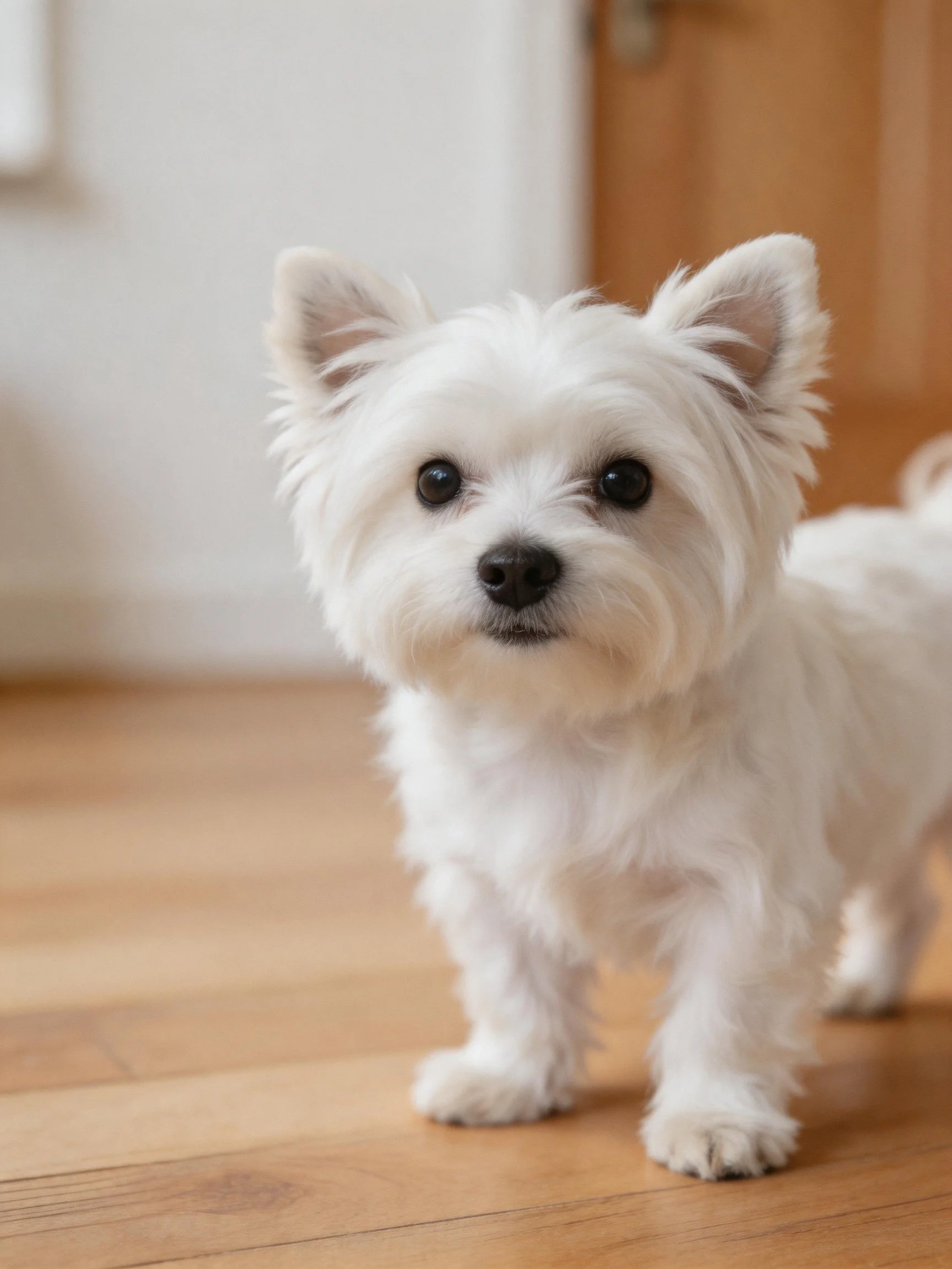 A small white dog stands on wooden flooring in a home interior.
