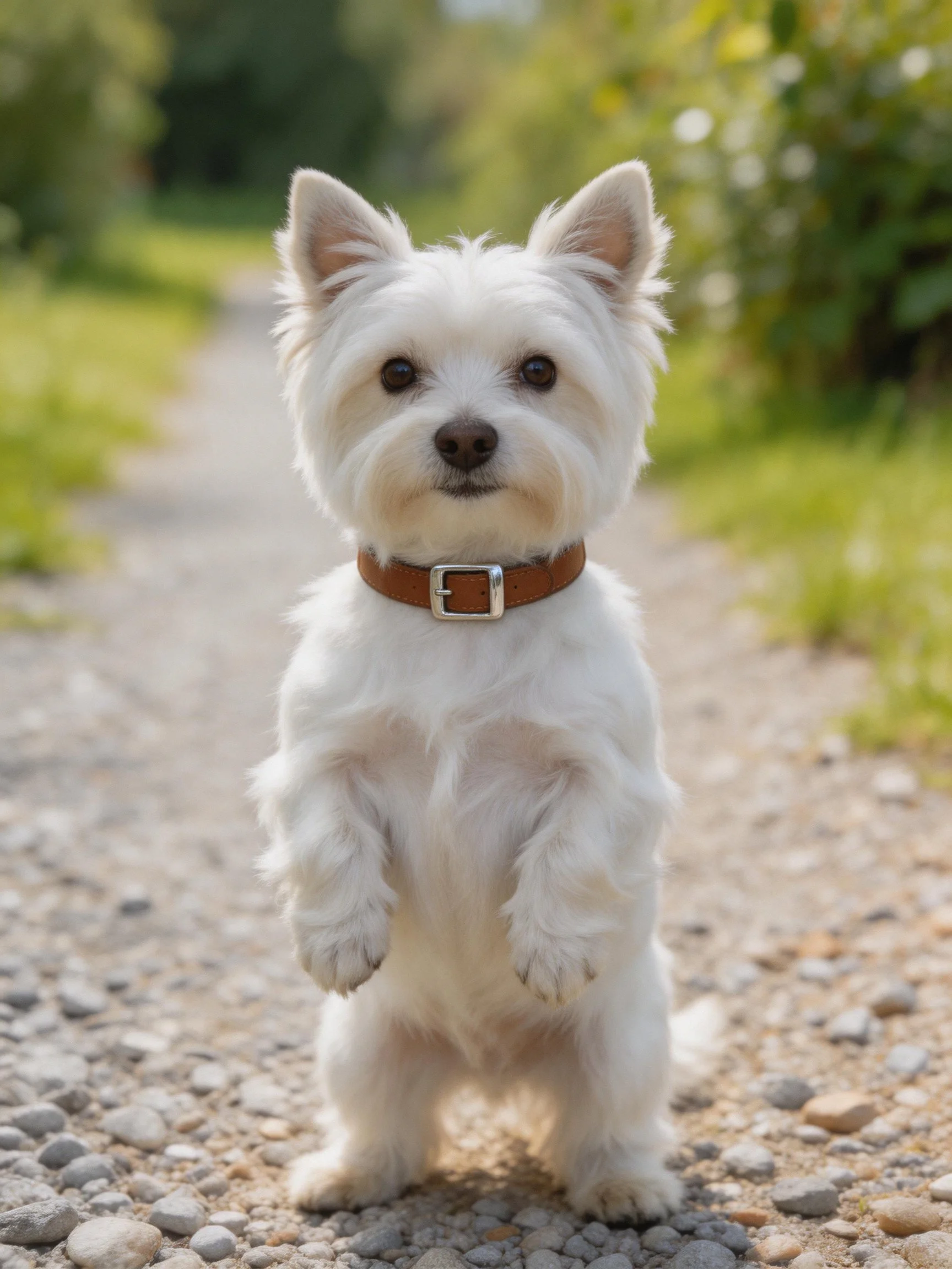 A small white dog stands upright on a gravel path outdoors.