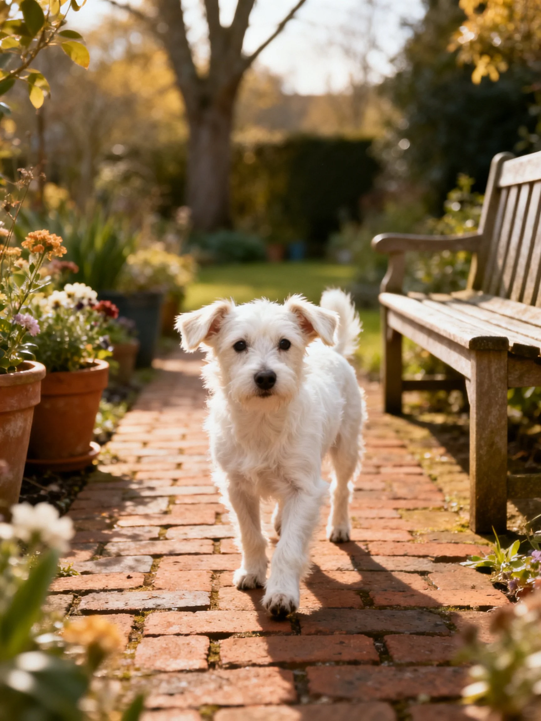 A small white dog walks along a brick path in a sunlit garden with potted plants and a bench