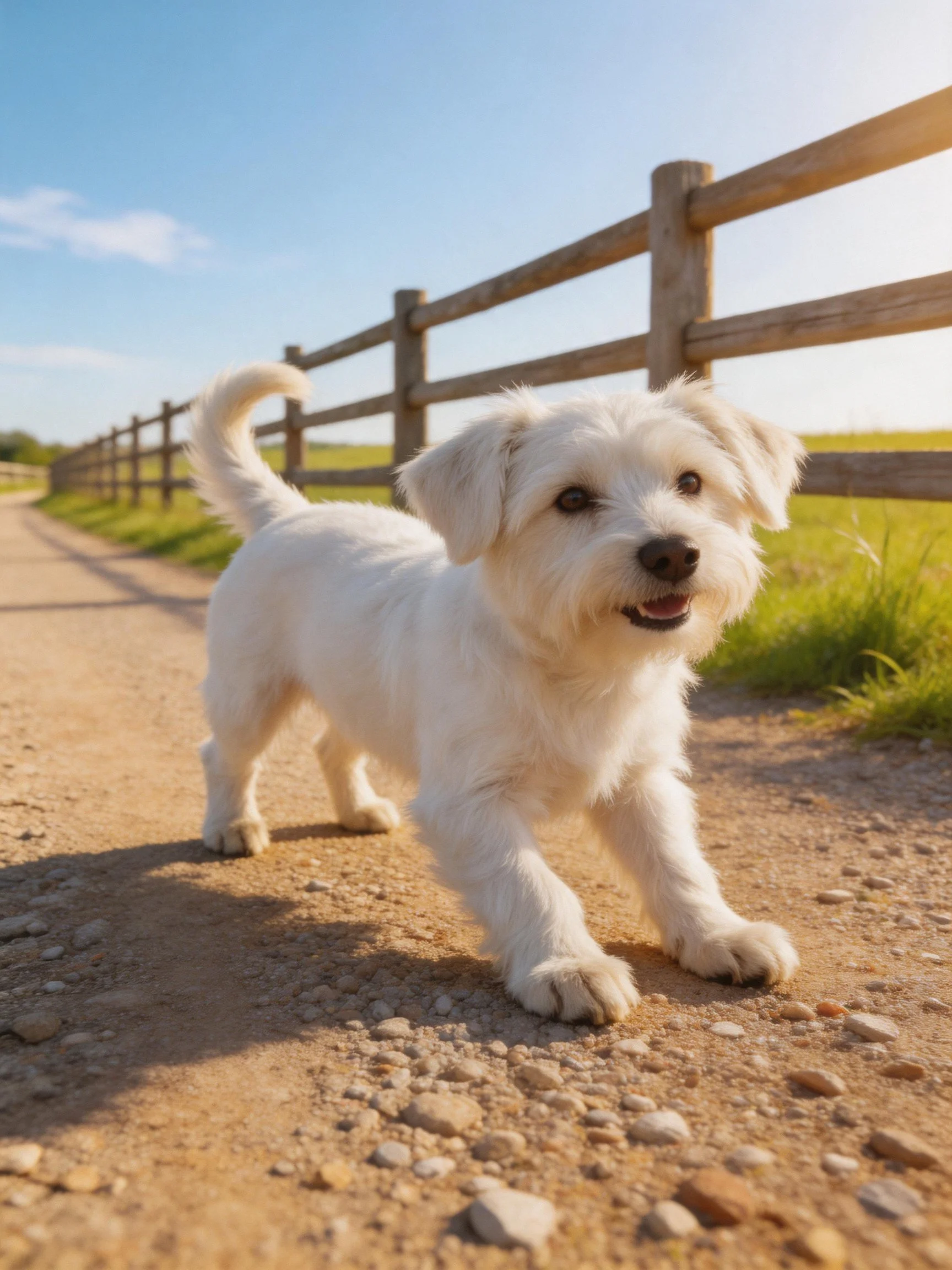 A small white dog walks along a sunlit gravel path next to a wooden fence.
